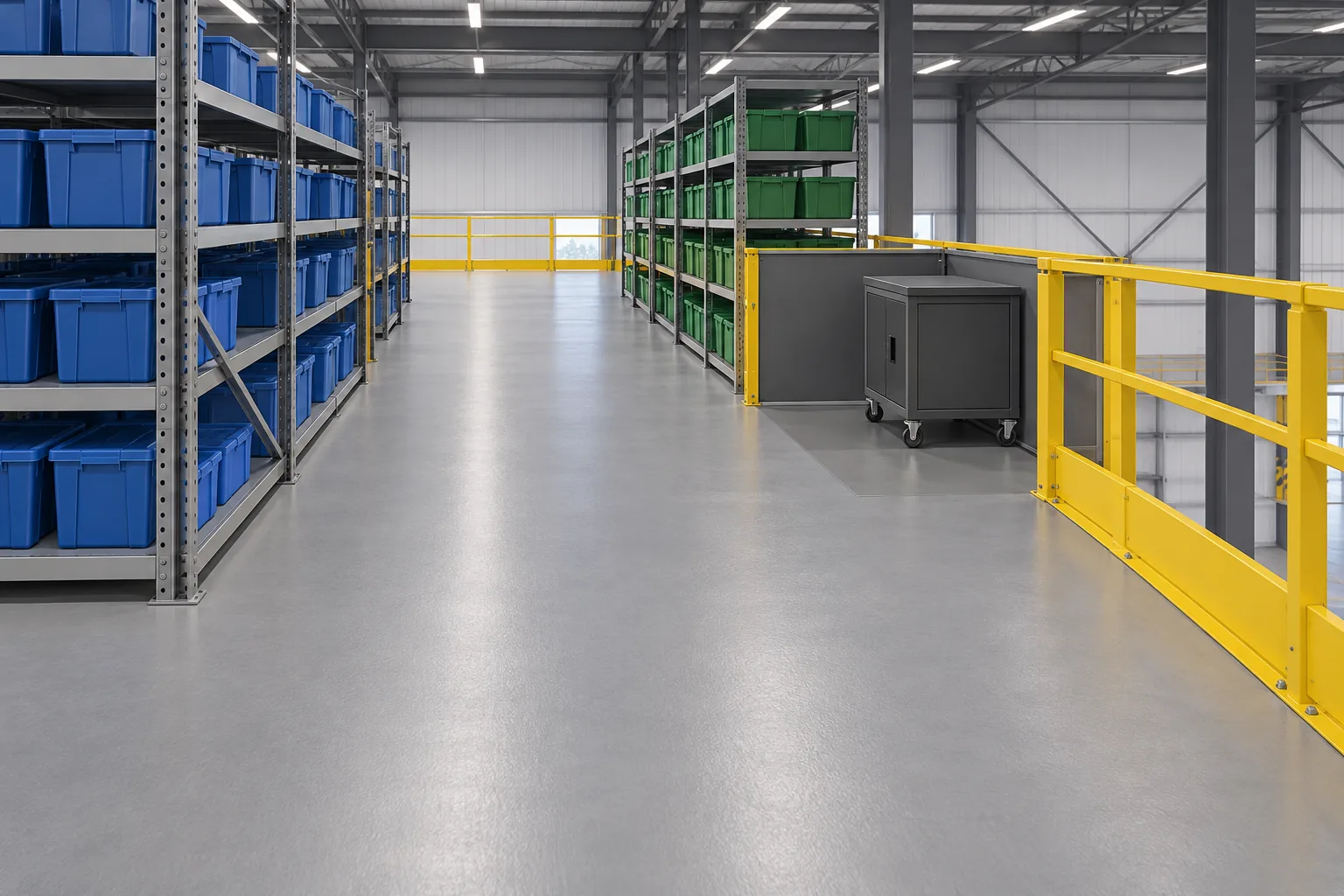 AI-generated concept illustration of blue and green tote shelving beside a clear mezzanine aisle and a wheeled cabinet parked in a side bay