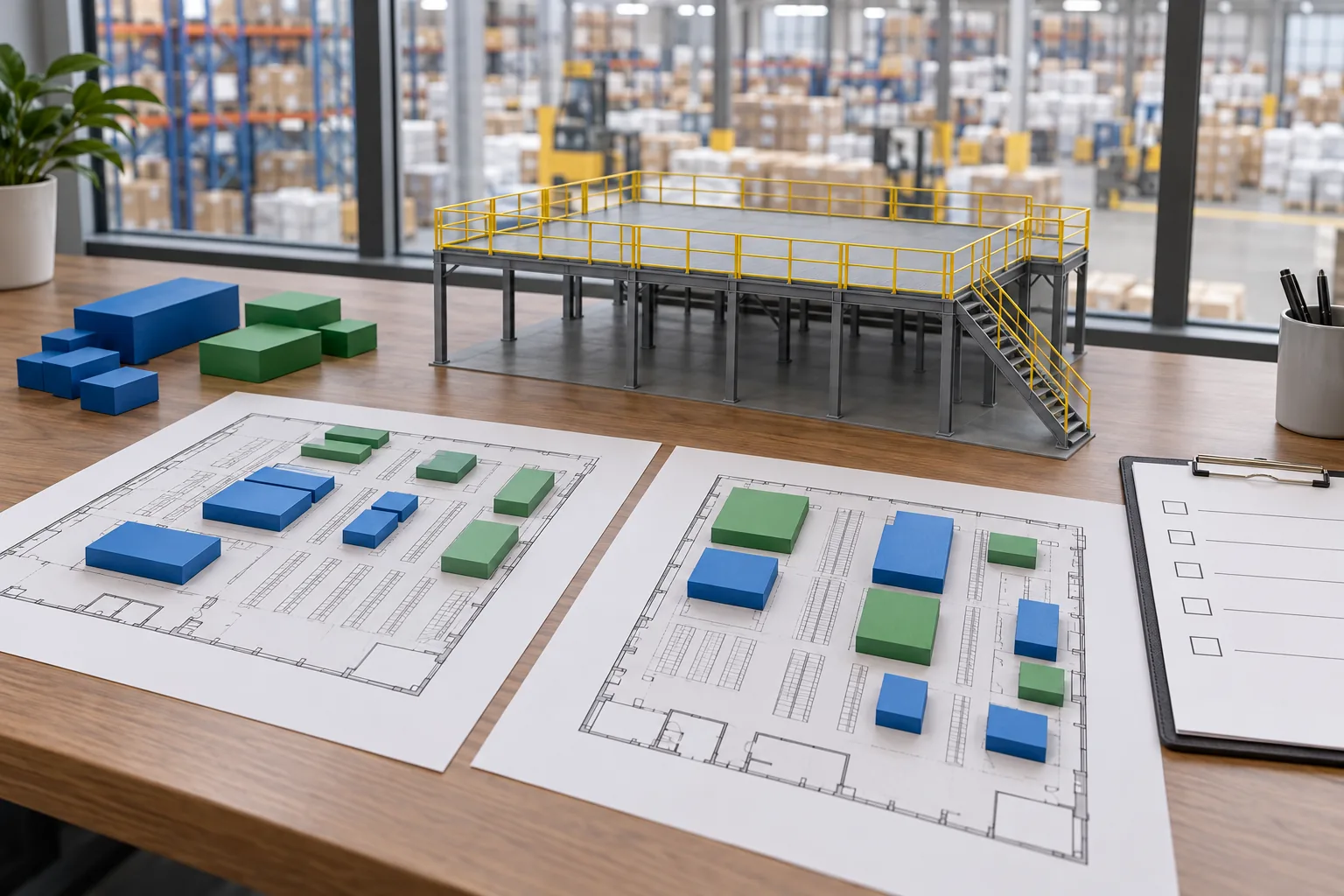 AI-generated concept illustration of two warehouse layout sheets with blue and green blocks beside a mezzanine model and blank checklist