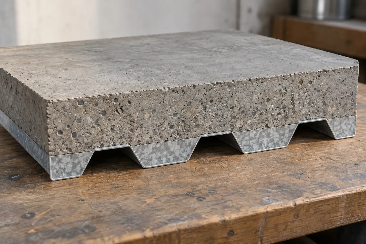 AI-generated material sample showing a concrete block above a profiled galvanized steel base on a workshop bench