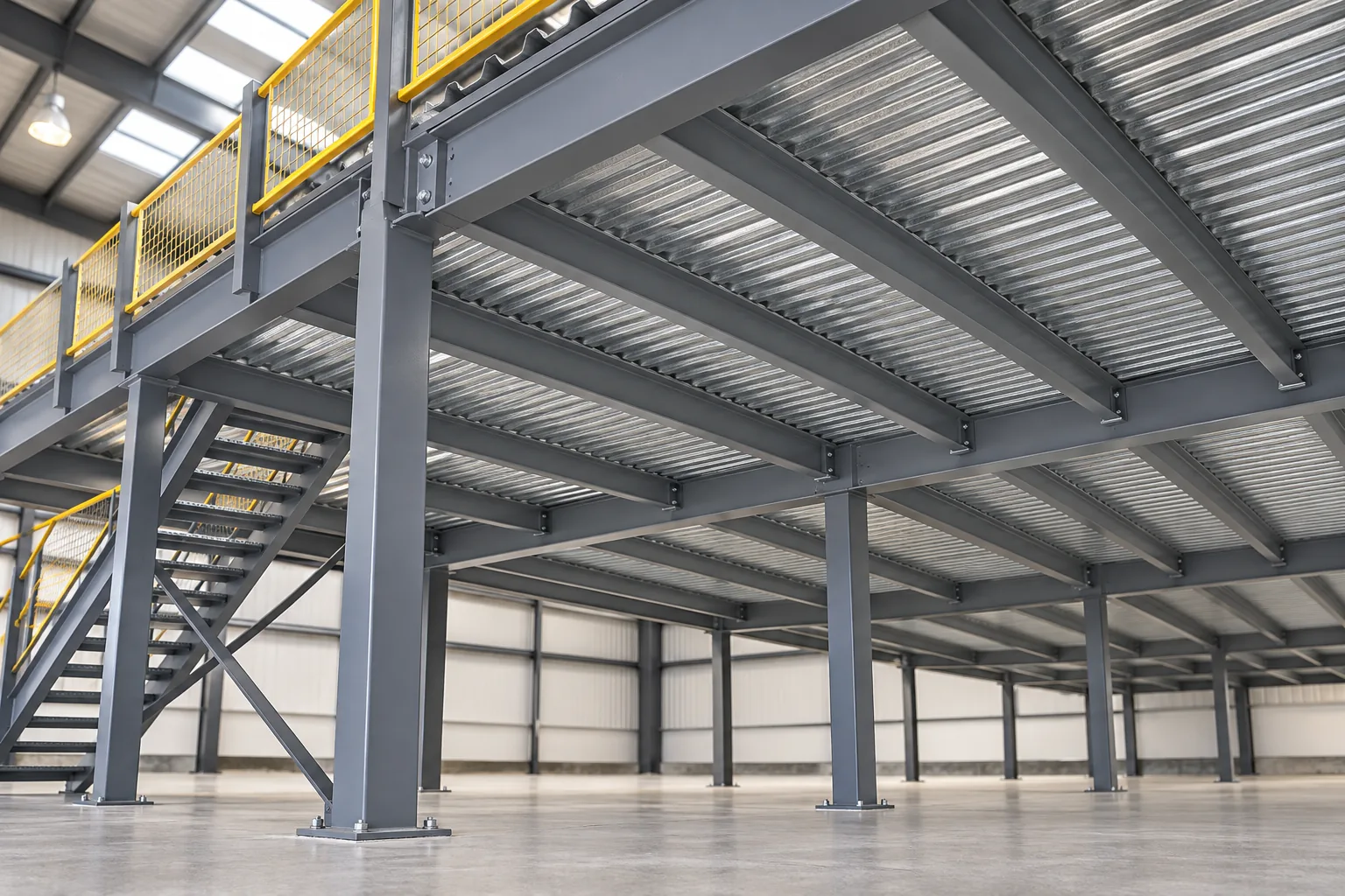 AI-generated view beneath a mezzanine showing galvanized corrugated deck over aligned grey steel joists, beams and square columns