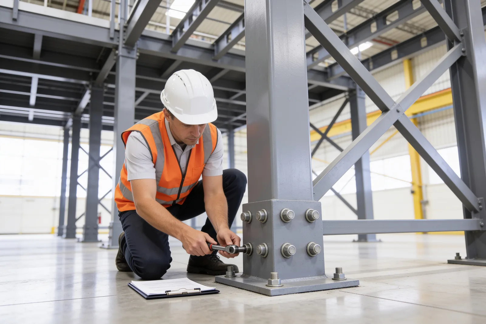 An inspector in a white hard hat and orange high-visibility vest kneeling on a concrete floor, tightening an anchor bolt with a wrench on the bolted base plate of a grey steel mezzanine column, with a clipboard beside him