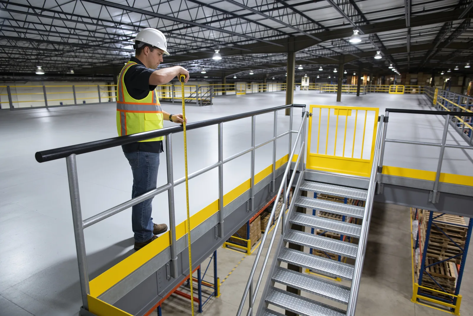 A worker in a white hard hat and high-visibility vest standing on a grey steel mezzanine deck holding a yellow tape measure against a steel guardrail with a yellow kick plate, beside a safety-yellow gate and a galvanized stair