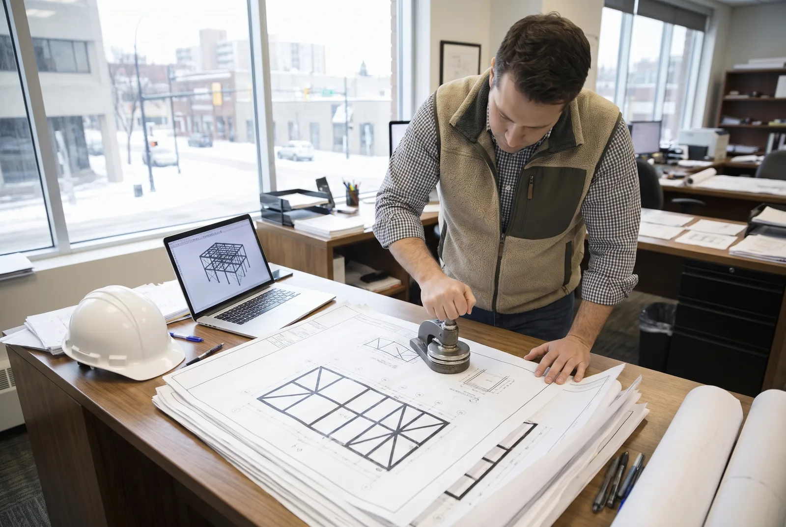A structural engineer in an office pressing a round metal embossing seal onto printed steel framing drawings of a mezzanine, with a laptop showing a 3D steel frame model and a white hard hat on the desk, and a snowy street outside the window