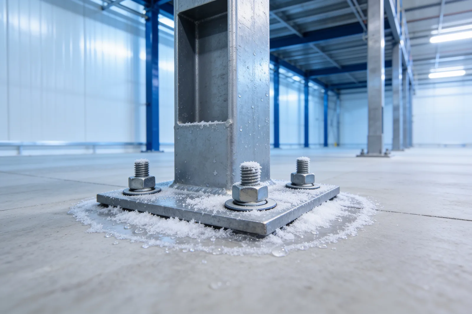 Close-up of a hot-dip galvanized square tube mezzanine column on a thick square steel base plate bolted to a concrete floor with heavy anchor bolts, with white frost crystals built up on the base plate and around the anchor nuts