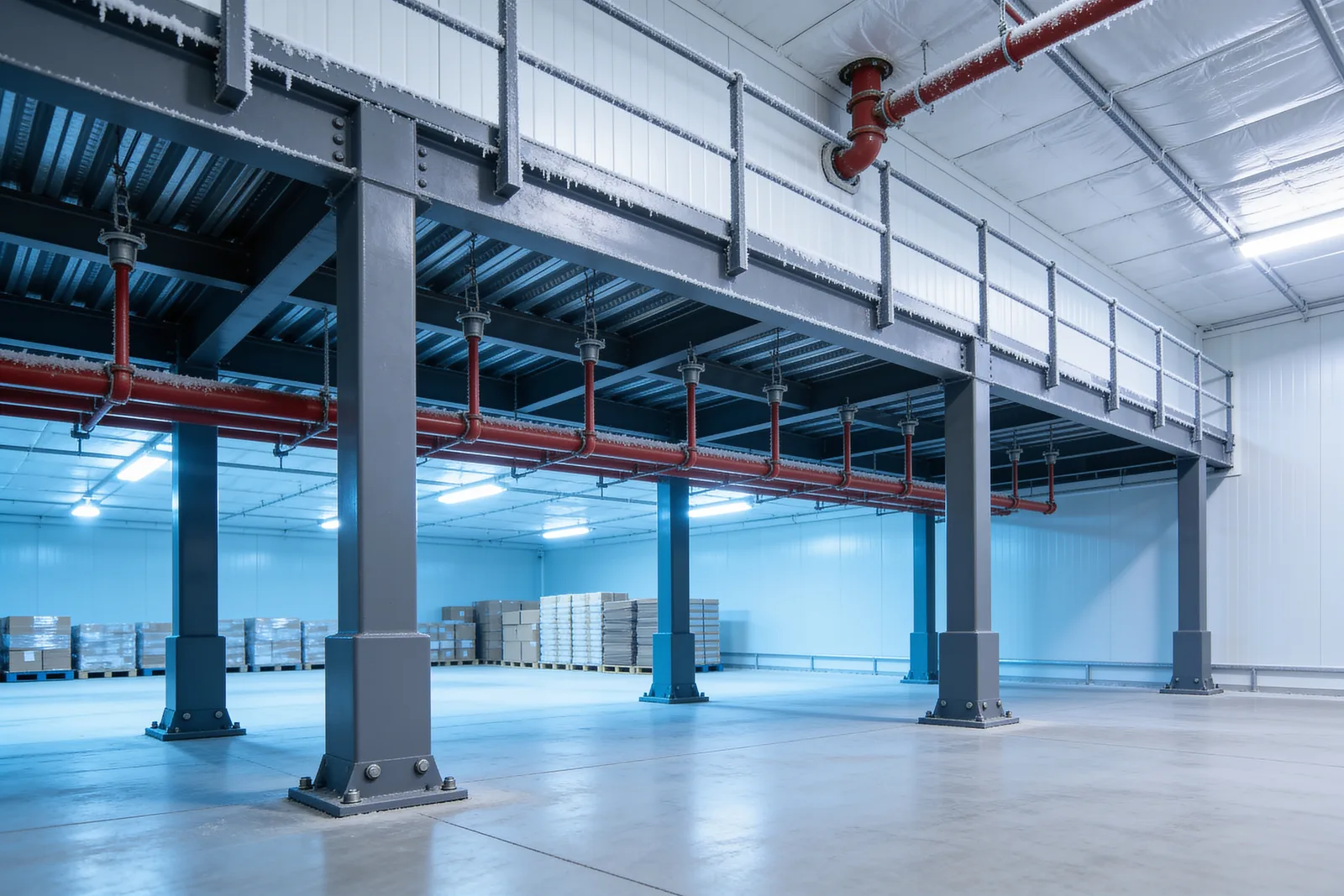 View from beneath a steel mezzanine deck in a refrigerated warehouse: red-painted sprinkler pipe with upright heads runs under the corrugated steel deck soffit between slate-grey beams and columns, with a second sprinkler main visible at the white insulated metal panel ceiling above