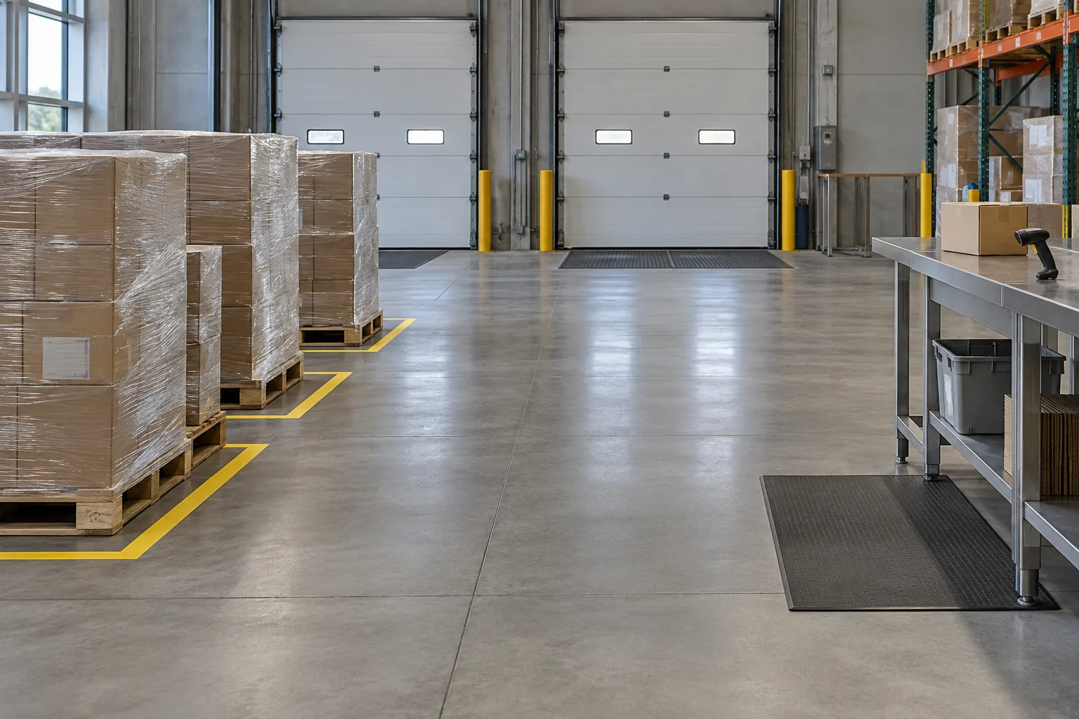 AI-generated concept illustration of wrapped pallets in receiving bays beside an inspection bench and closed dock doors