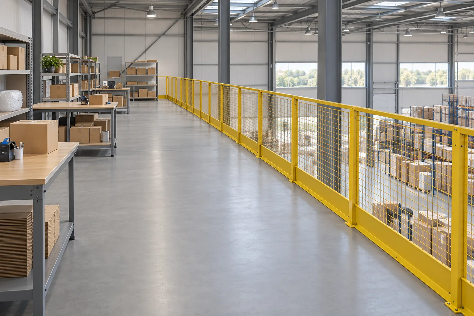 AI-generated concept illustration of packing benches and low shelving set back from a mezzanine's yellow mesh guardrail