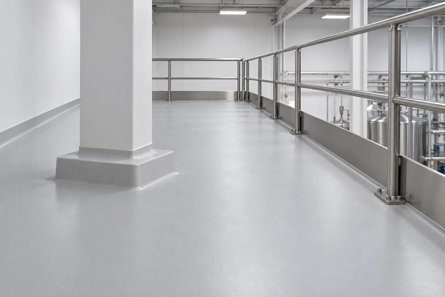 AI-generated concept illustration of a clean elevated floor with a coved wall transition, closed column and metal edge guards