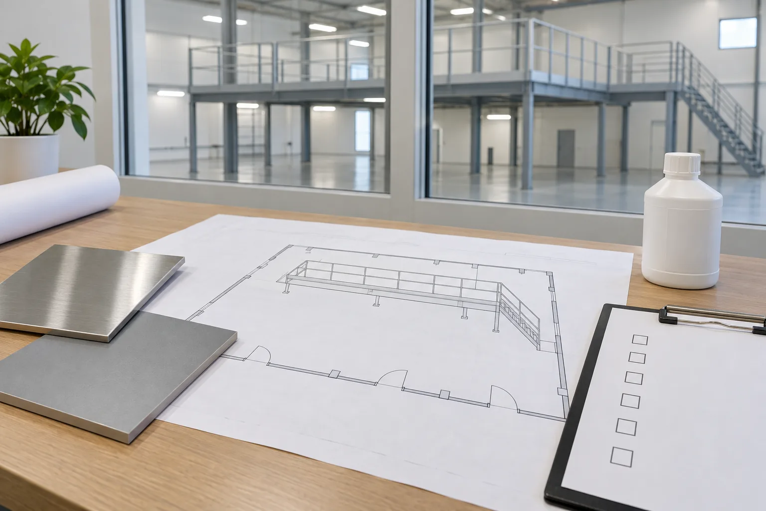 AI-generated concept illustration of a planning desk with an unmarked layout, checklist, material samples and a blank bottle