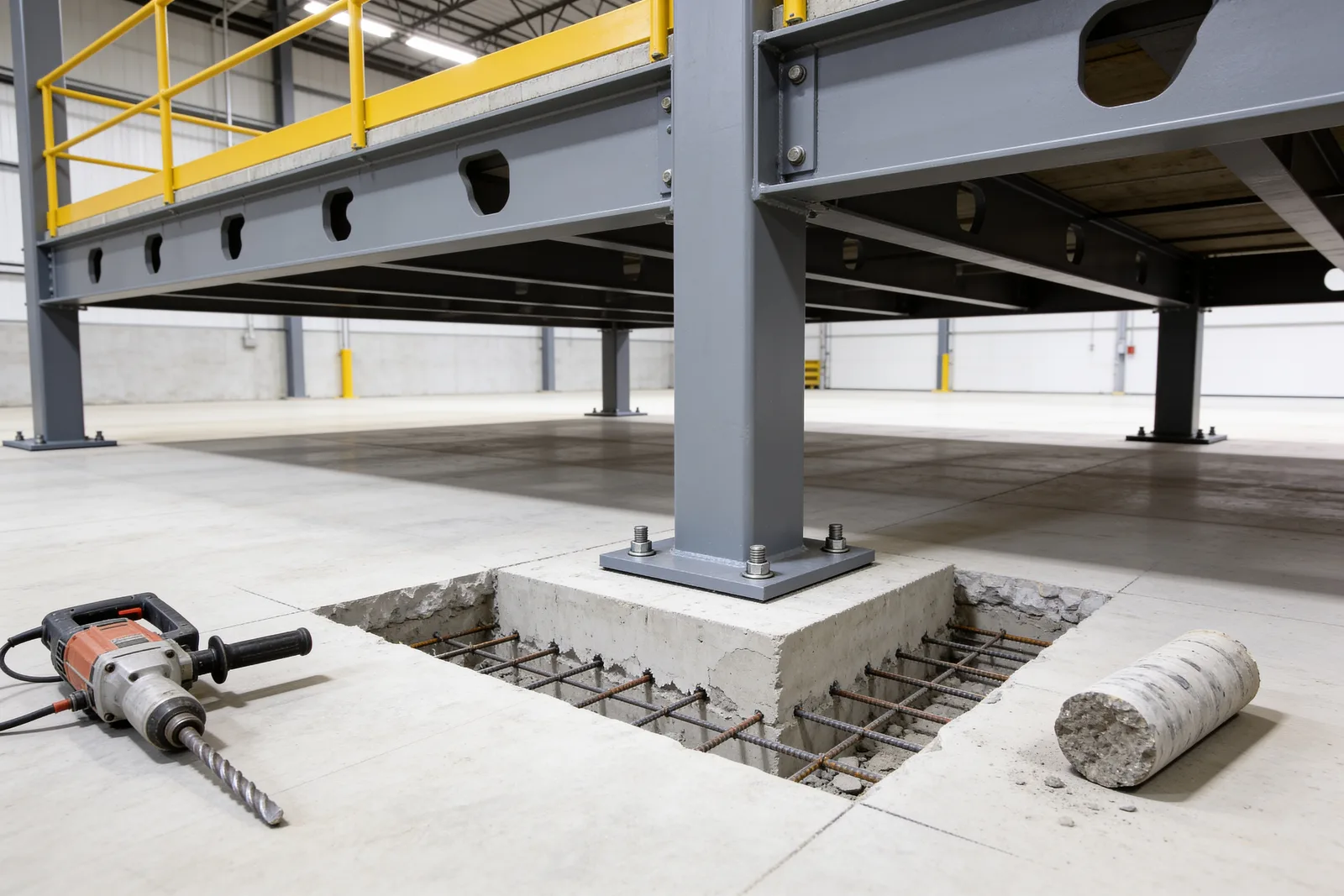 Base of a grey steel mezzanine column on a bolted base plate sitting on a new concrete pad in a cut-out section of the warehouse slab, with exposed rebar around the pad, a heavy hammer drill on the floor and an extracted concrete core cylinder beside it