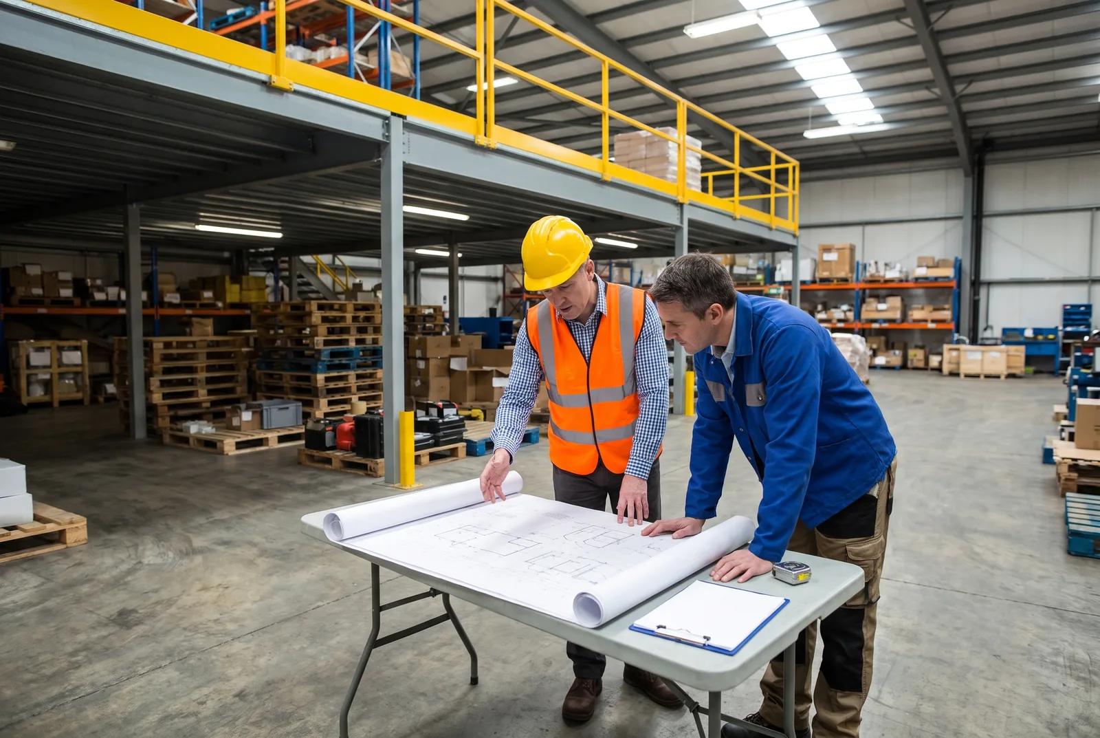 A building inspector in a hard hat and orange high-visibility vest and a facility manager in a blue jacket reviewing structural drawings spread on a folding table beside a grey steel storage mezzanine with yellow guardrails