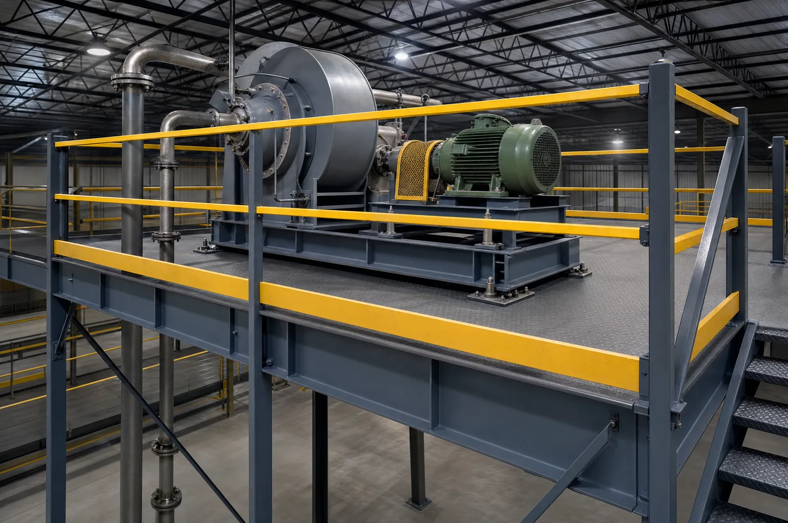 Heavy rotating machinery bolted onto an elevated steel platform deck: a large motor-driven blower and pump set on a welded steel skid frame with a green painted electric motor and a guarded belt drive, anchored through the dimpled steel deck at each corner, with rigid process pipework running down through the deck, slate-grey beams and columns and safety-yellow guardrails around the edge