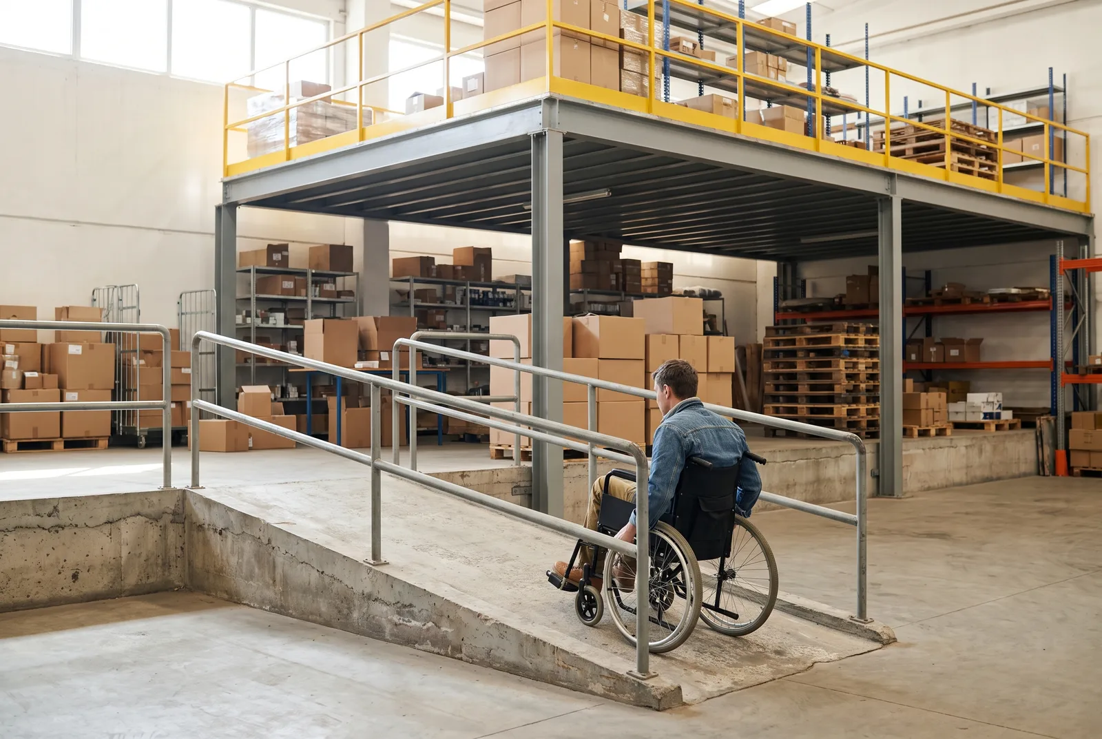 A person in a manual wheelchair on a warehouse floor facing a concrete ramp with steel handrails on both sides, with a grey steel mezzanine with yellow guardrails and stacked cartons behind