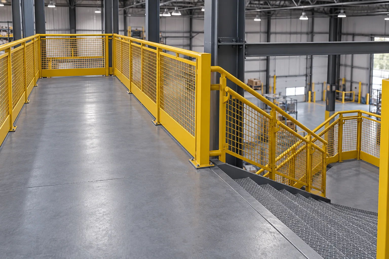 AI-generated concept illustration of a mezzanine walking area, yellow mesh perimeter guards and a stair landing