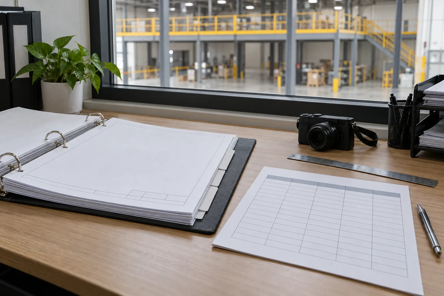 AI-generated concept illustration of blank drawing sheets and a correction-log form beside an unbranded camera on an office desk