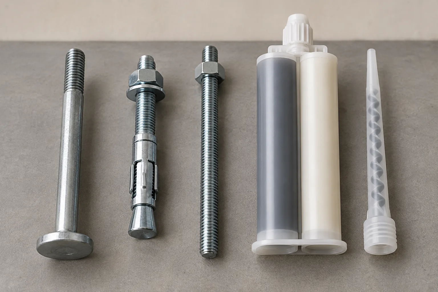 AI-generated concept illustration of generic anchor specimens, threaded rod and an unbranded adhesive cartridge on a workbench