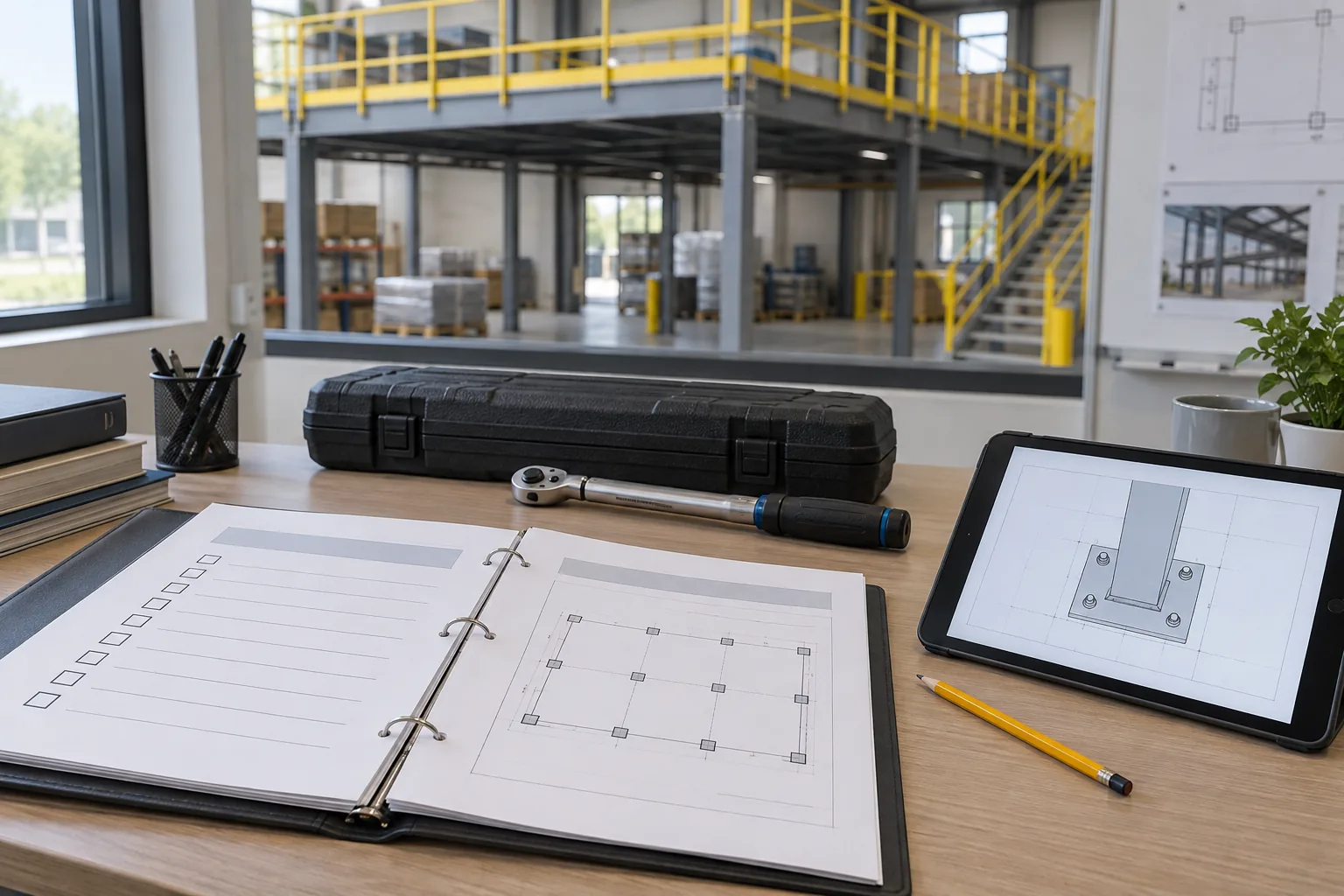 AI-generated concept illustration of an anchor-review checklist, column layout, torque wrench and tablet in a warehouse office