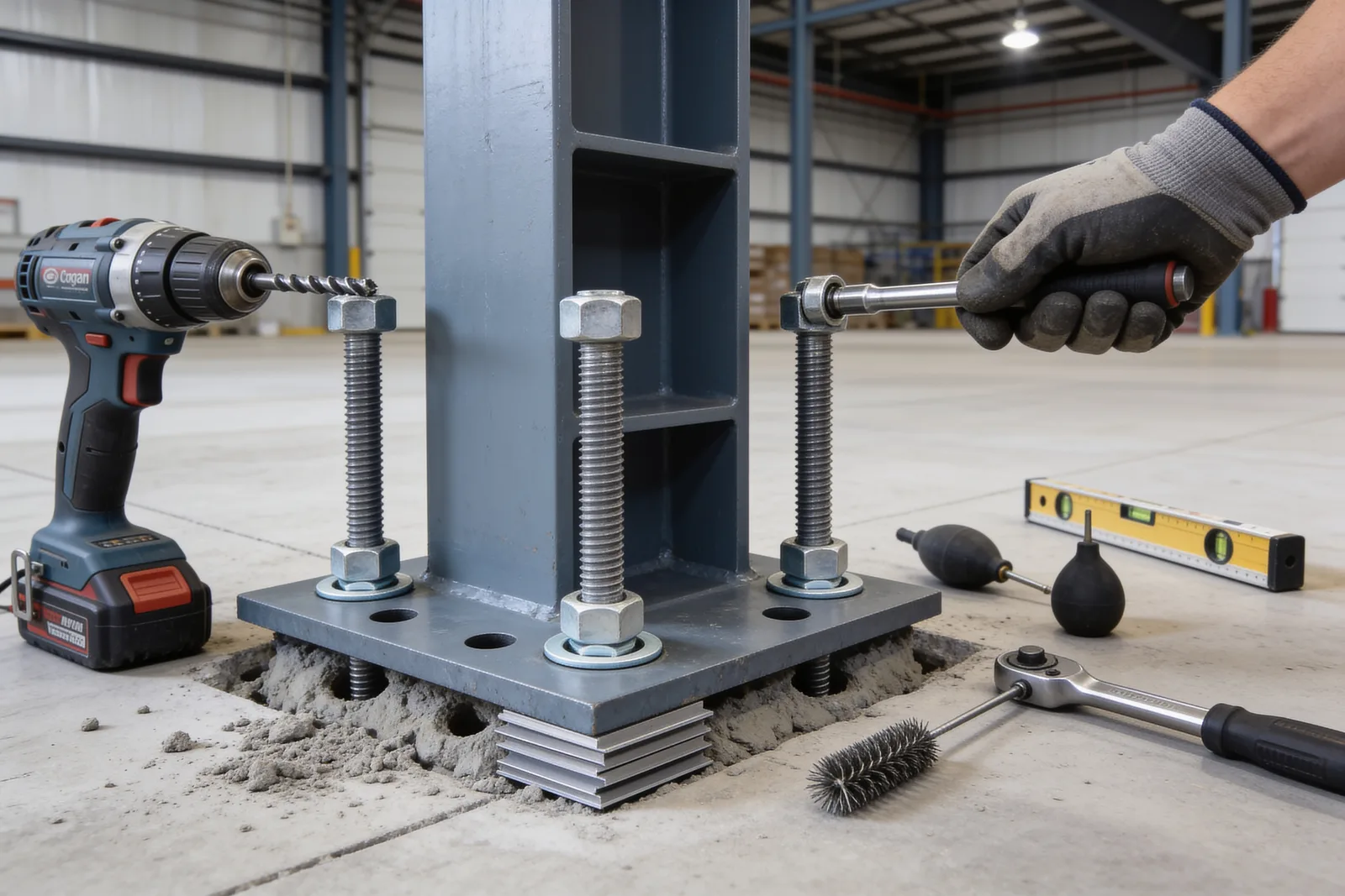 Close view of a steel column base plate on a warehouse slab, resting on a stack of thin steel shims with grout packed under one edge, anchor rods and nuts in place, and a hammer drill, hole-cleaning brush, blow-out bulb, torque wrench and spirit level laid out on the concrete