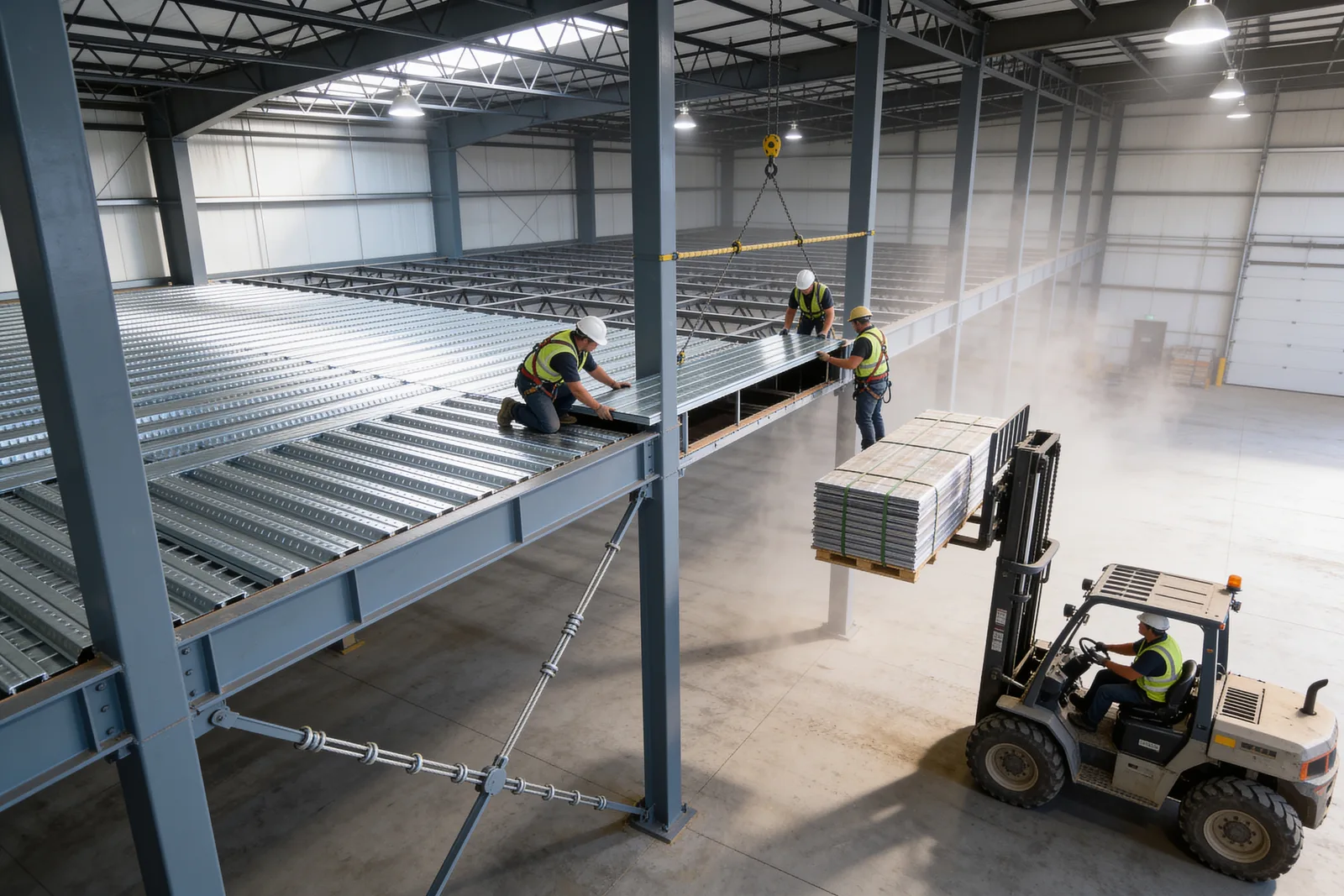 Elevated view of a mezzanine deck being laid: steel deck panels cover about half the joist field while two workers at the open, unguarded leading edge position the next panel lifted in on a spreader bar, a forklift below raises a pallet of panels, and a turnbuckle brace runs diagonally in the foreground bay