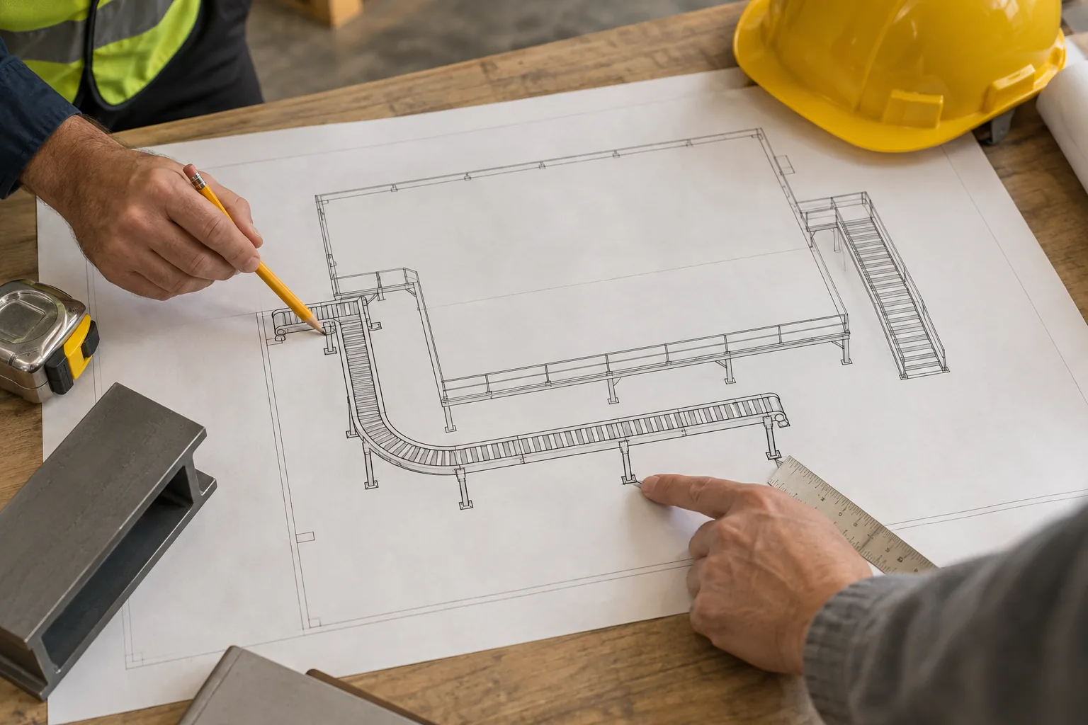 AI-generated planning illustration of two people pointing to a mezzanine and conveyor layout on paper, beside a hard hat and steel sample
