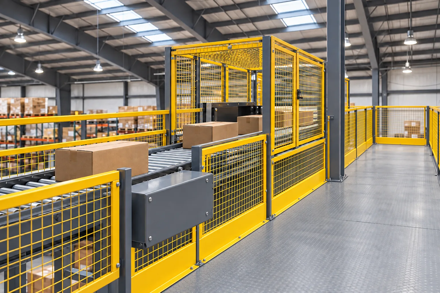 AI-generated concept illustration of cartons on a roller conveyor beside a mezzanine walkway, with yellow mesh infill, toe plates and an enclosed transfer area