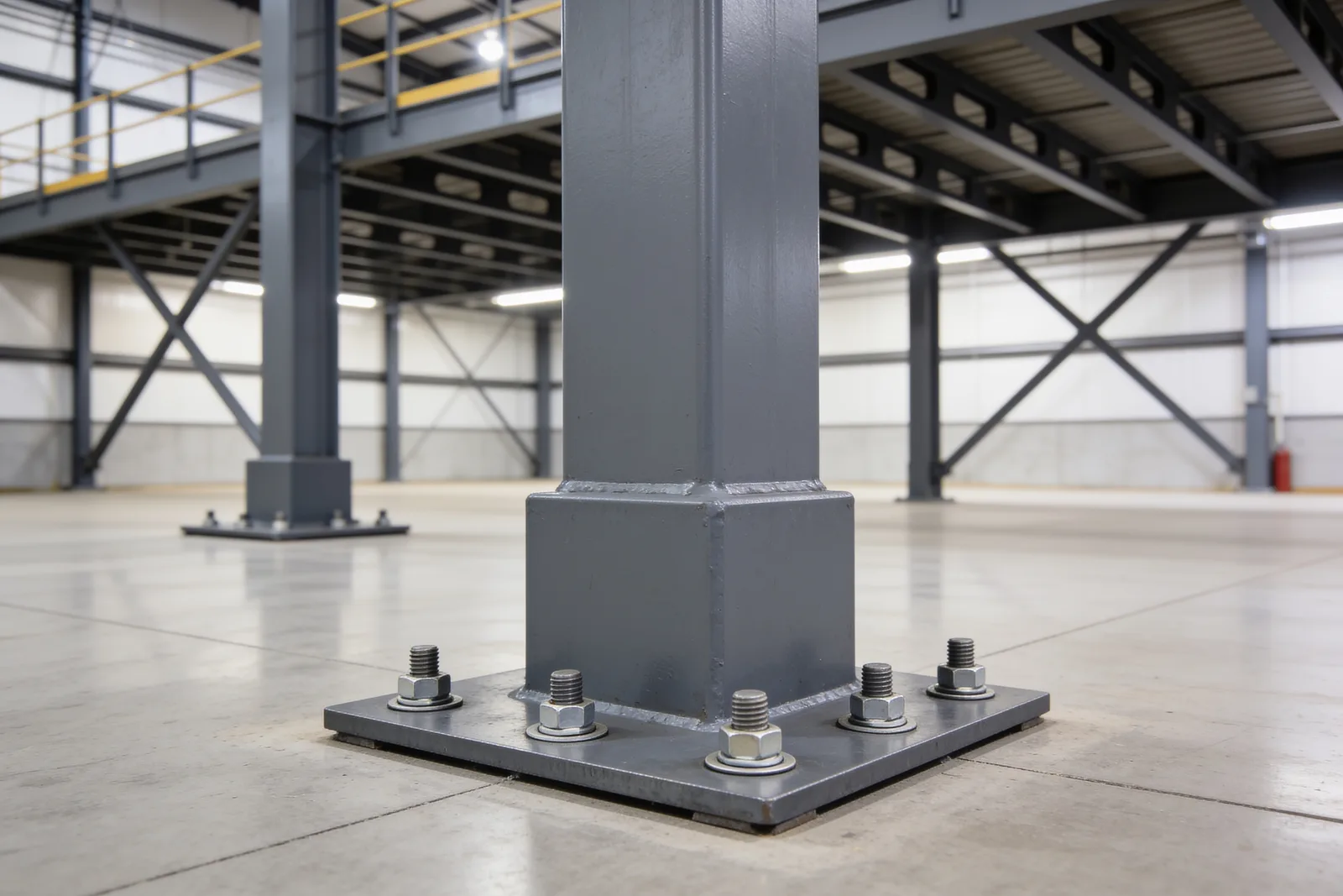 Close-up of a mezzanine column base: a grey square steel tube column welded to a flat steel base plate, fastened to the polished concrete slab with six anchor bolts, nuts and washers, with more columns, X-bracing and the underside of the deck out of focus behind