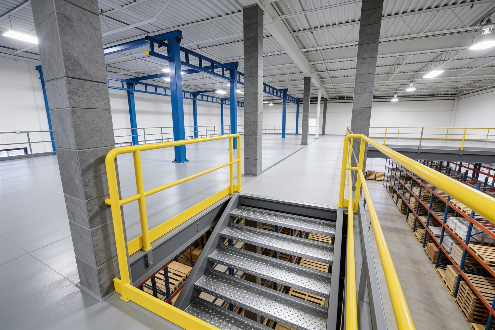 Galvanized steel stair descending from a mezzanine deck through an opening in yellow guardrails, with blue steel framing and a second deck level in the background and pallet racking on the floor below