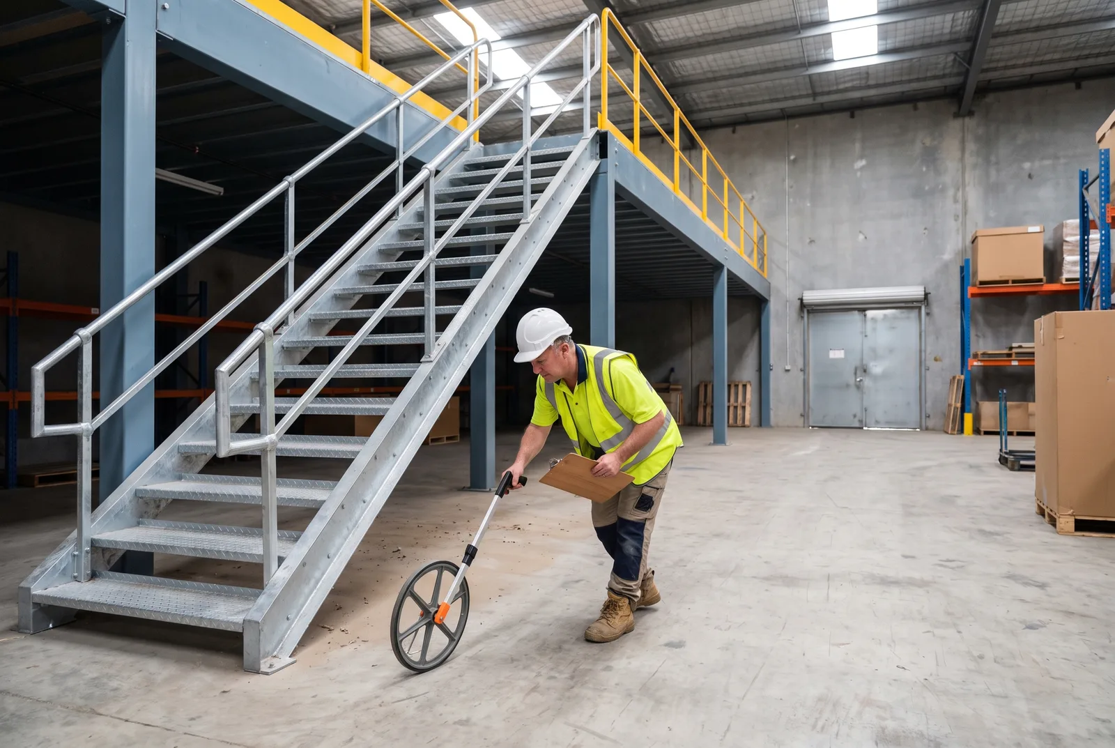 Building inspector in a hard hat and hi-vis vest rolling a measuring wheel across a warehouse floor at the foot of a galvanized steel stair that rises to a slate-blue mezzanine with yellow guardrails, holding a clipboard, with a roll-up door at the far wall