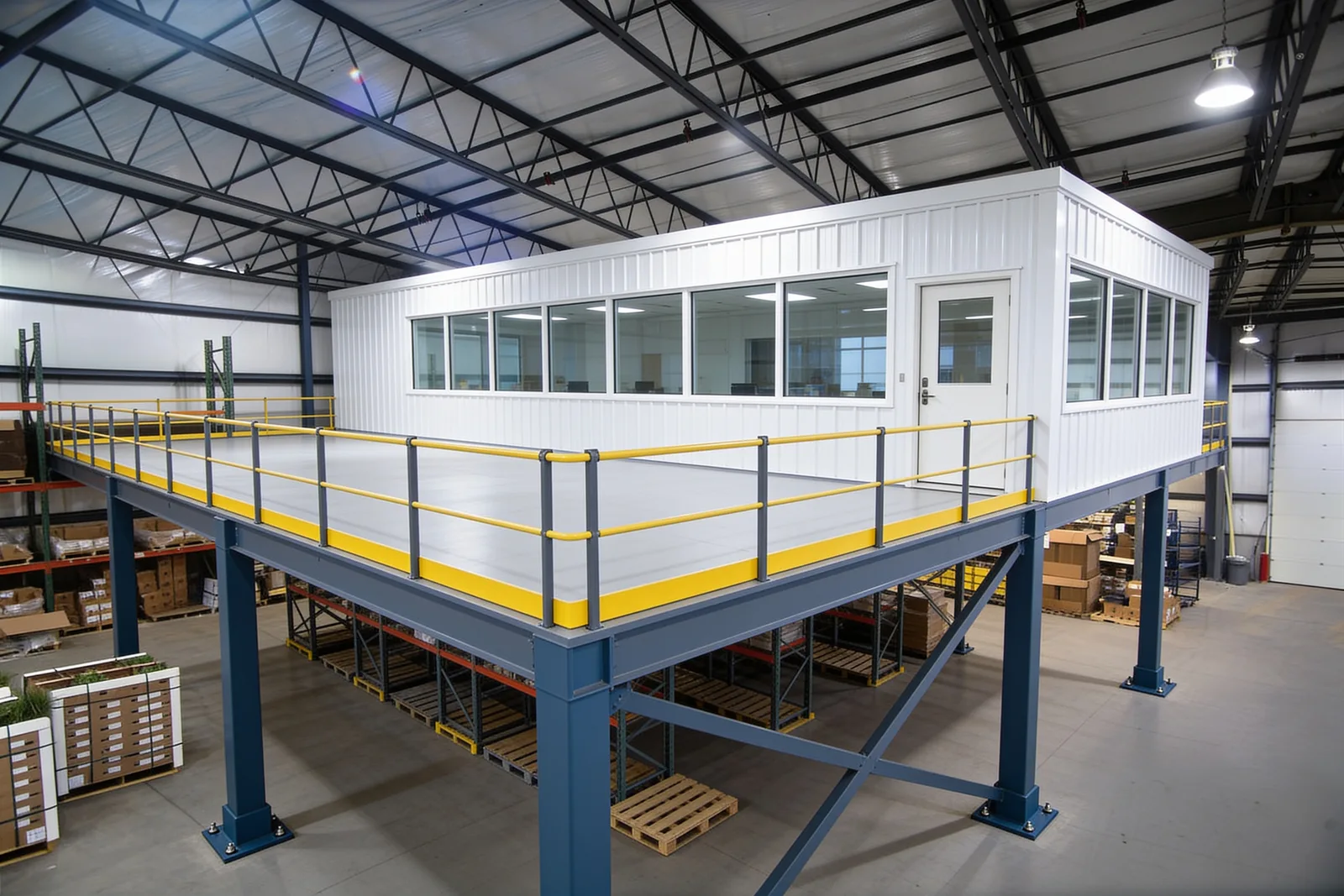 White modular office with a row of windows built on one end of a steel warehouse mezzanine, with the rest of the deck left open behind yellow guardrails and pallet racks on the floor below