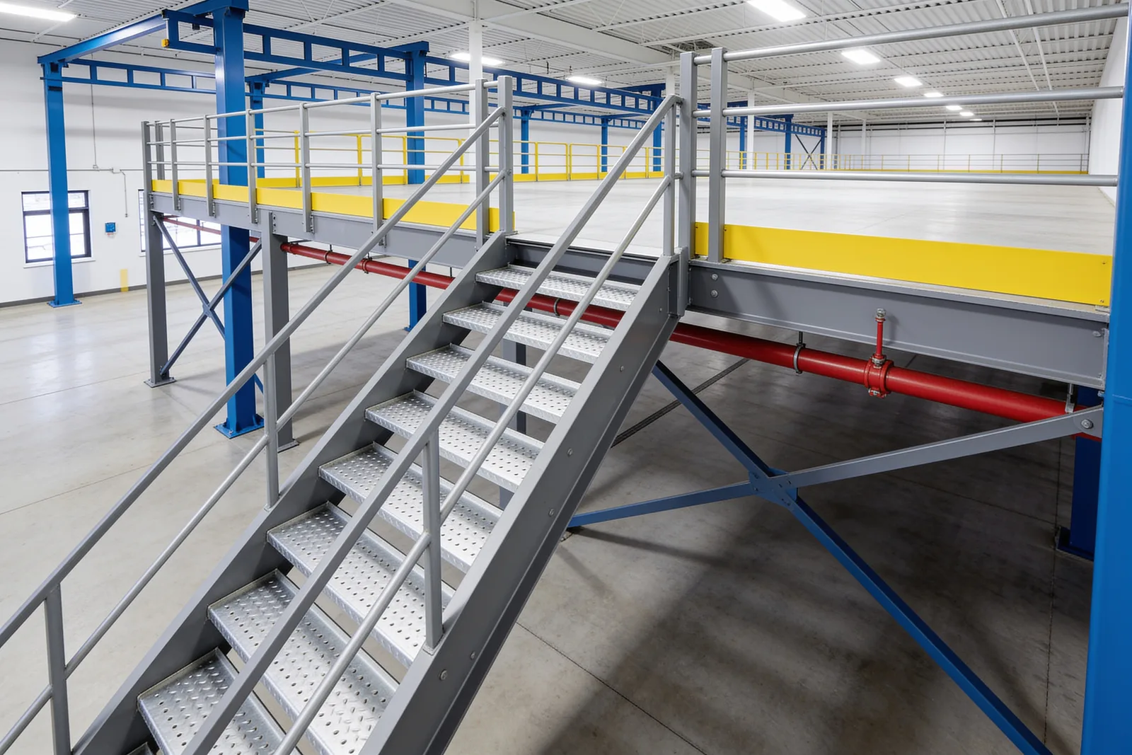 Open galvanized steel stair with perforated treads rising to a steel mezzanine deck with yellow kick plates, with no walls or enclosure around it and red sprinkler pipe running under the deck