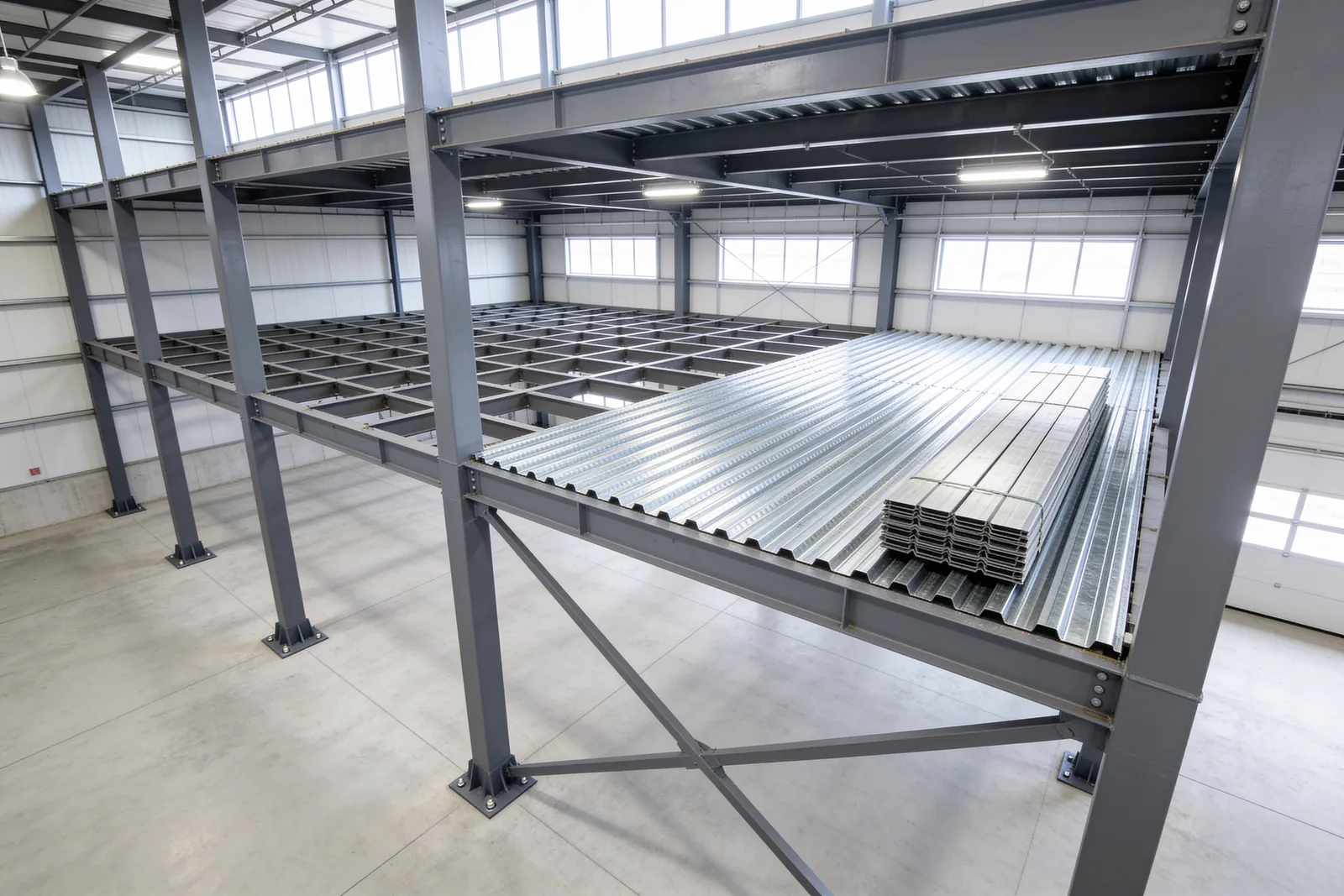 Steel mezzanine under construction in an empty warehouse: grey square tube columns on bolted base plates carrying main beams, an open grid of evenly spaced joists on the far side, galvanized deck sheets laid over the near portion and a bundle of spare sheets stacked on the finished deck
