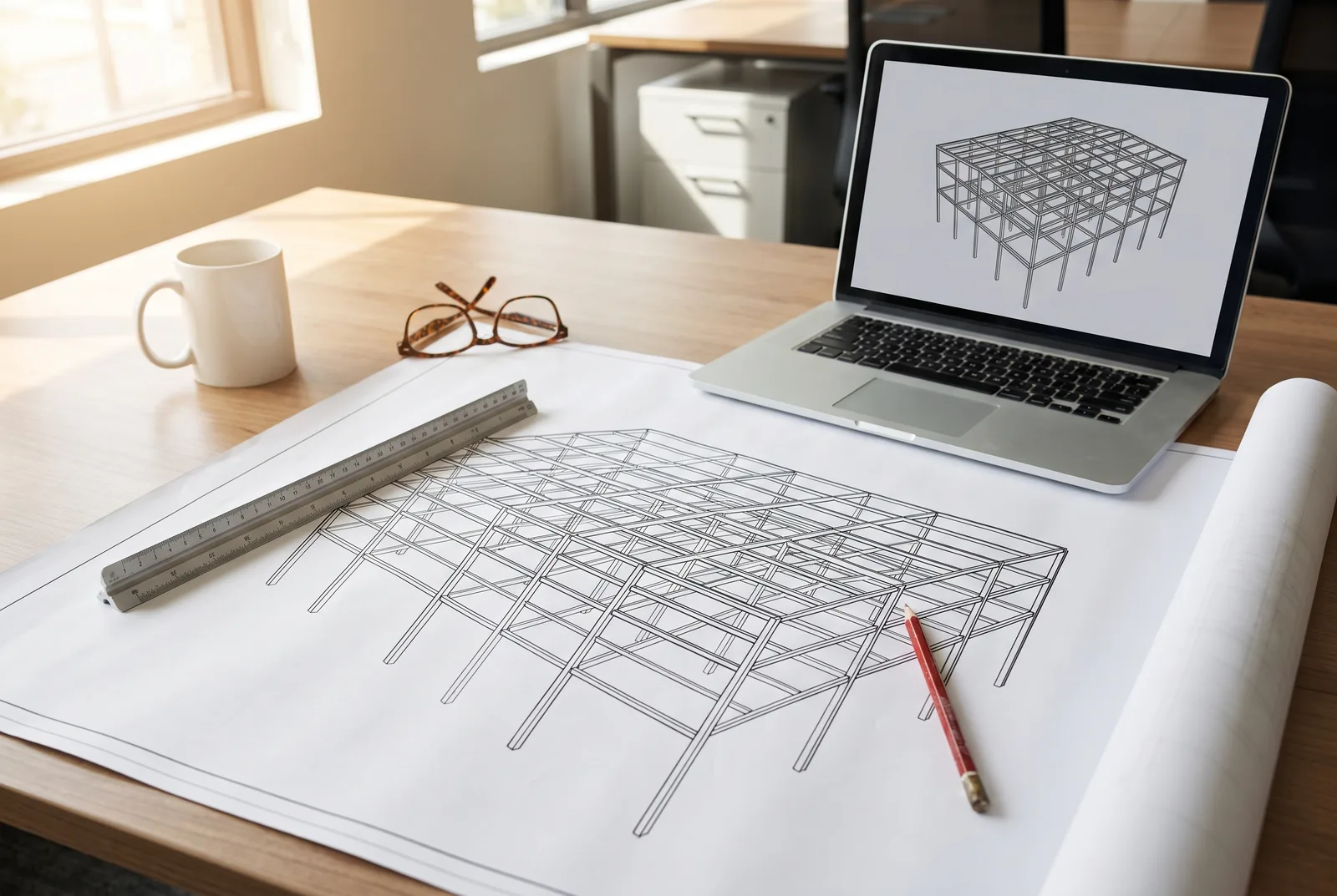 Structural framing drawing of a multi-bay steel frame unrolled on a desk with a scale ruler, red pencil and reading glasses, beside a laptop displaying the same three-dimensional frame model