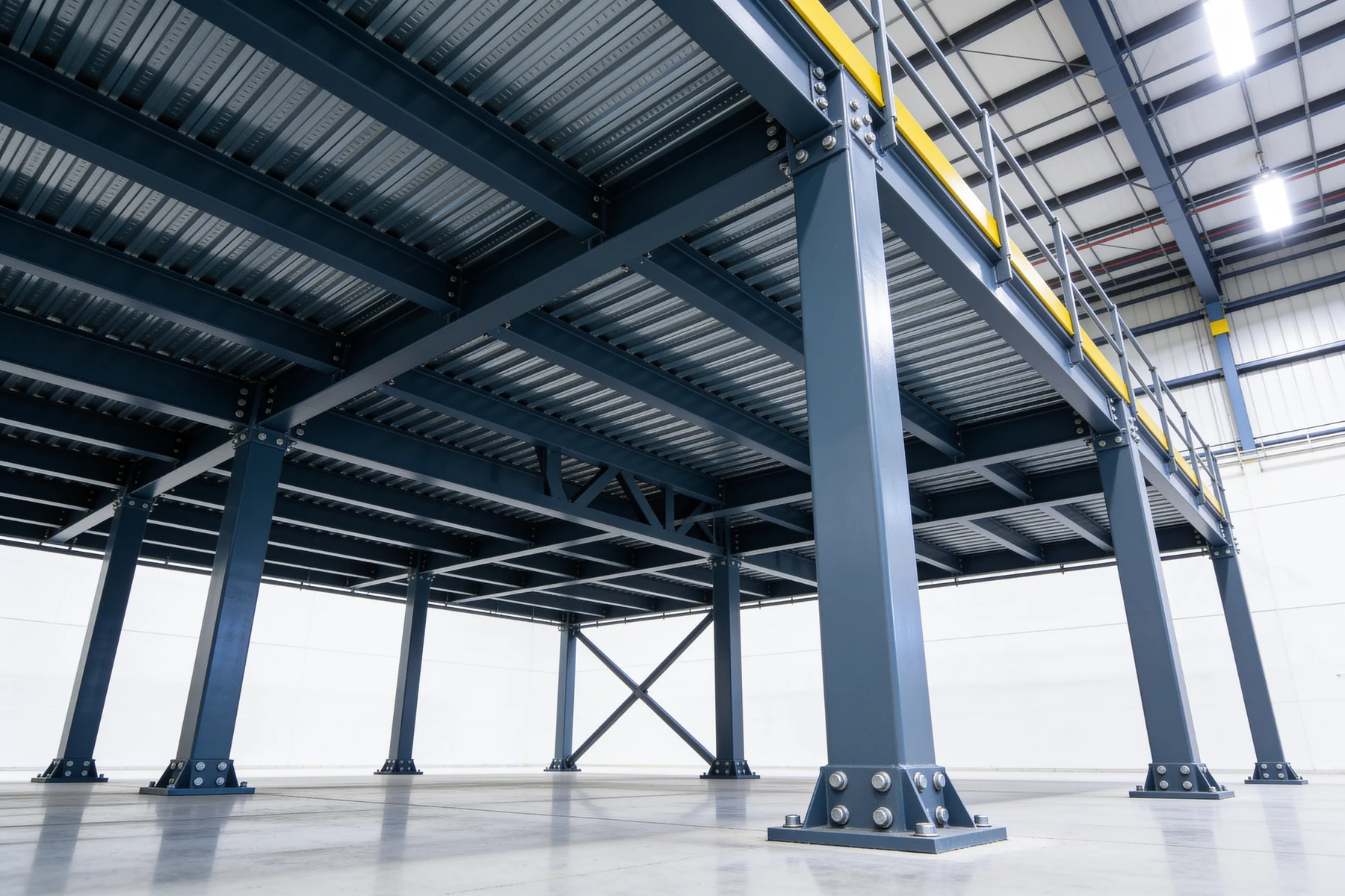 Upward view of the underside of a steel mezzanine floor system: slate-blue main beams spanning between square tube columns on bolted base plates, closely spaced secondary joists above them, the ribbed underside of steel deck pan, and X-bracing in a rear bay