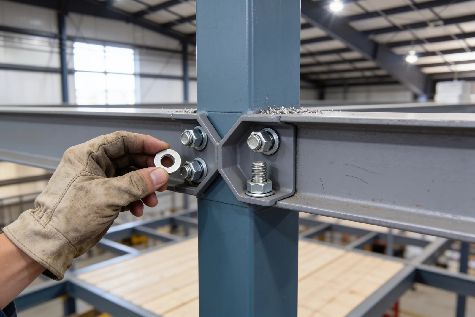 Close-up of a bolted clip connection where grey steel beams frame into a slate-blue steel column, with zinc-plated hex bolts, washers and nuts, one bolt still standing proud, and a gloved hand holding a washer ready to fit it