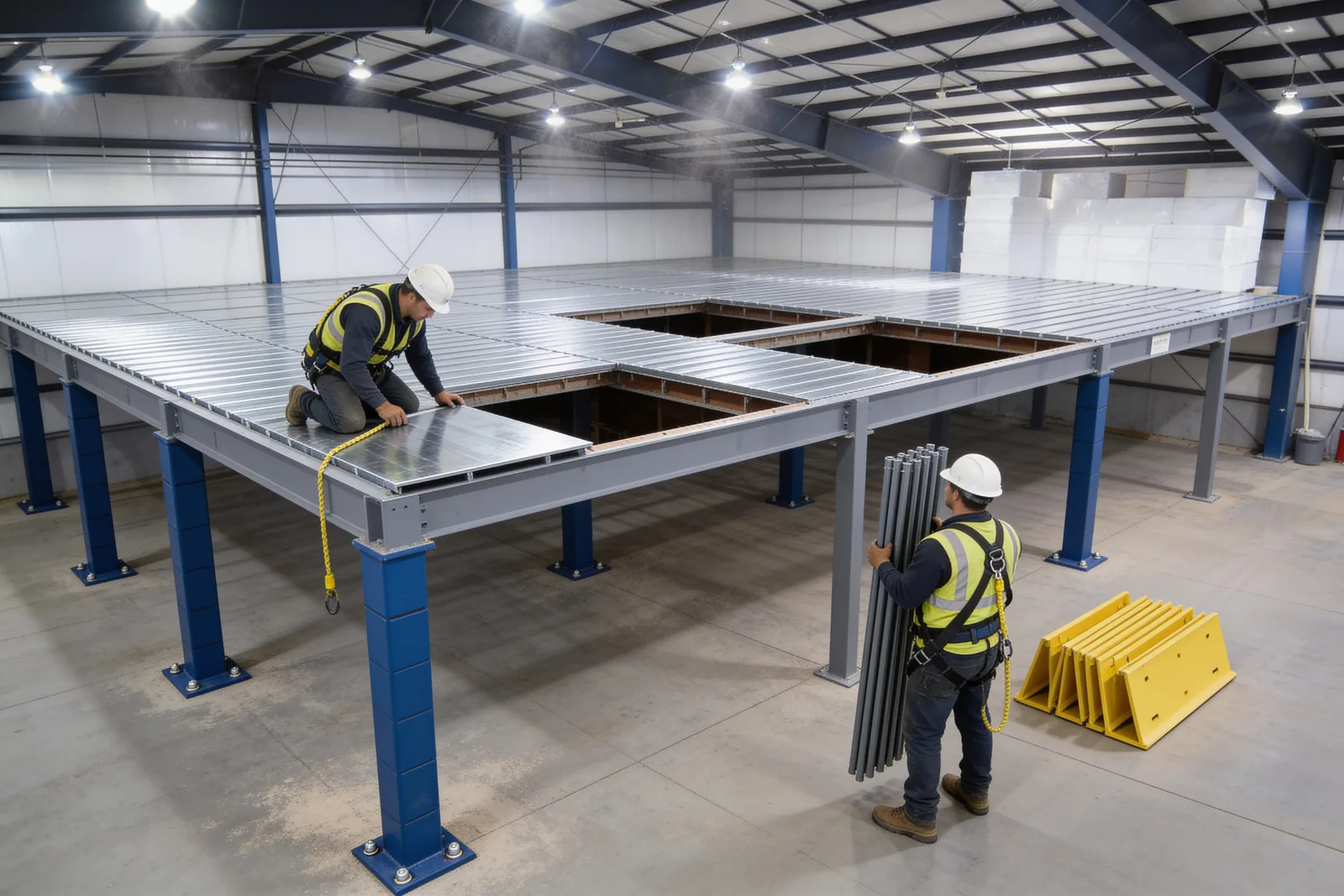 A worker in a fall-arrest harness kneeling at the open, unguarded edge of a partly decked steel mezzanine setting a deck panel, while a second worker on the floor below carries a bundle of guardrail posts toward the structure