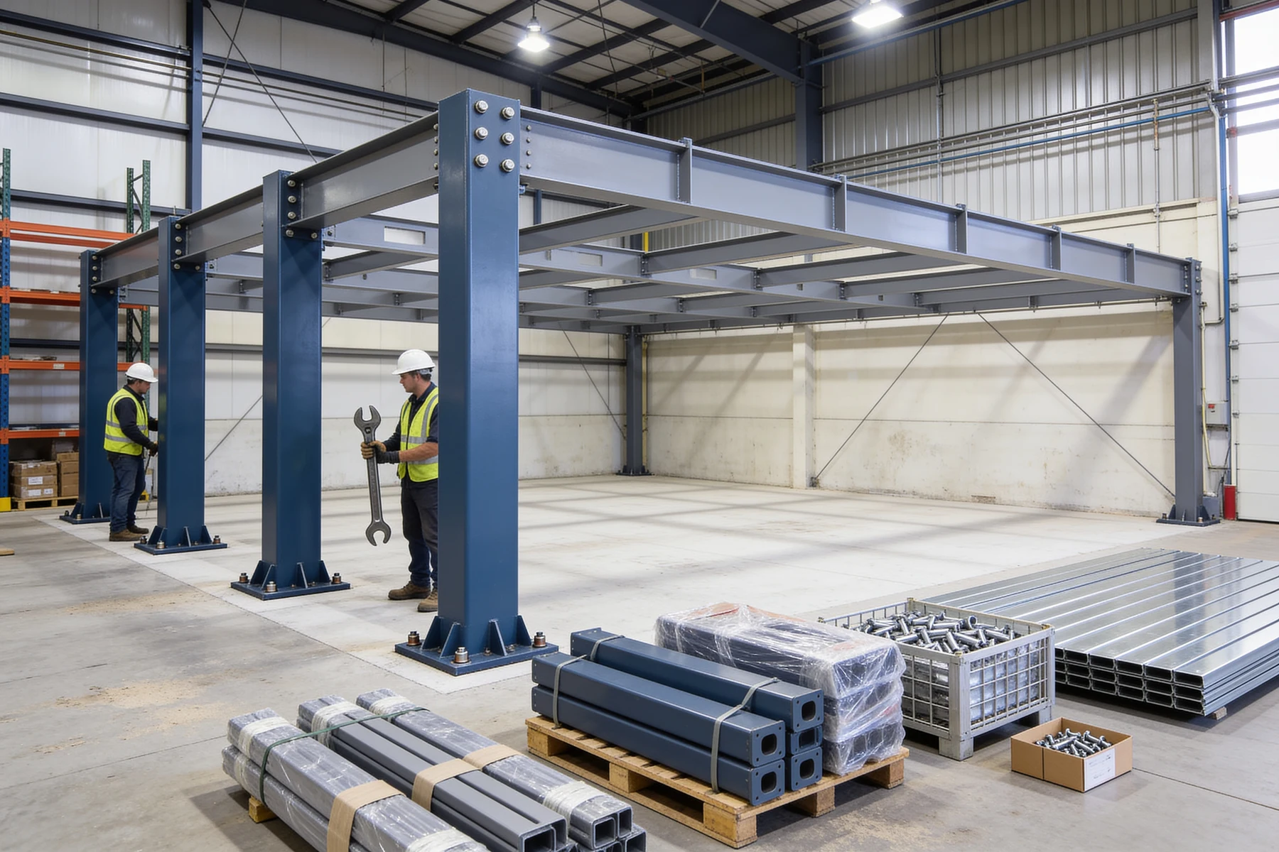 Half-erected steel mezzanine kit in a warehouse: slate-blue columns anchored to the slab with beams bolted between them, open joists with no decking on the right, and banded bundles of unopened kit components staged on the floor