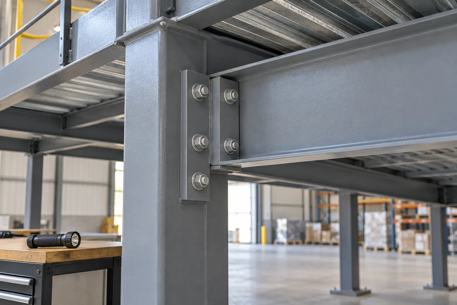 AI-generated concept illustration of a bolted steel beam-to-column connection with a flashlight resting on a nearby bench
