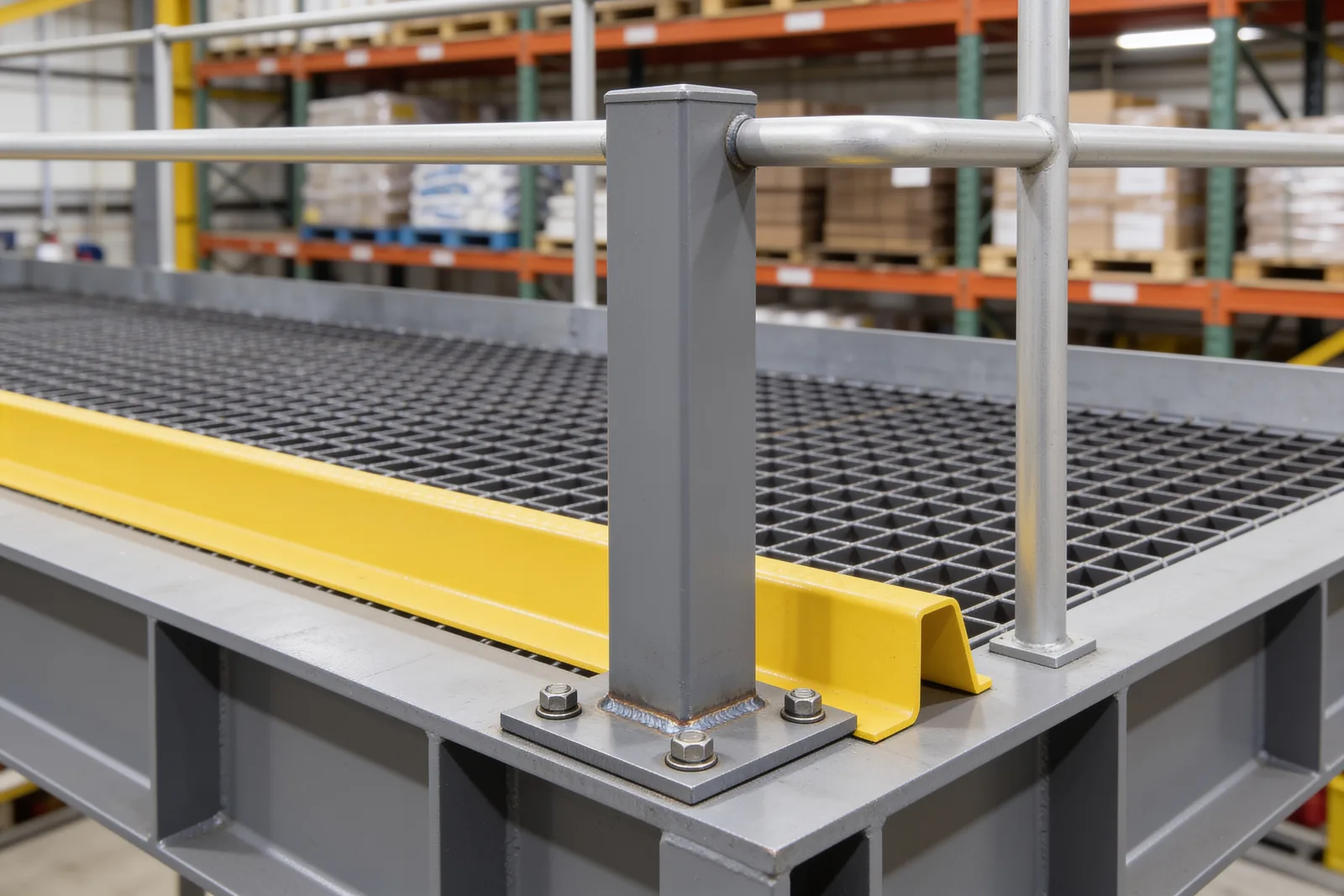 Close-up of a mezzanine guardrail post — a grey square steel tube welded to a base plate and bolted through the deck-edge beam, beside a safety-yellow kick plate and steel bar-grating deck