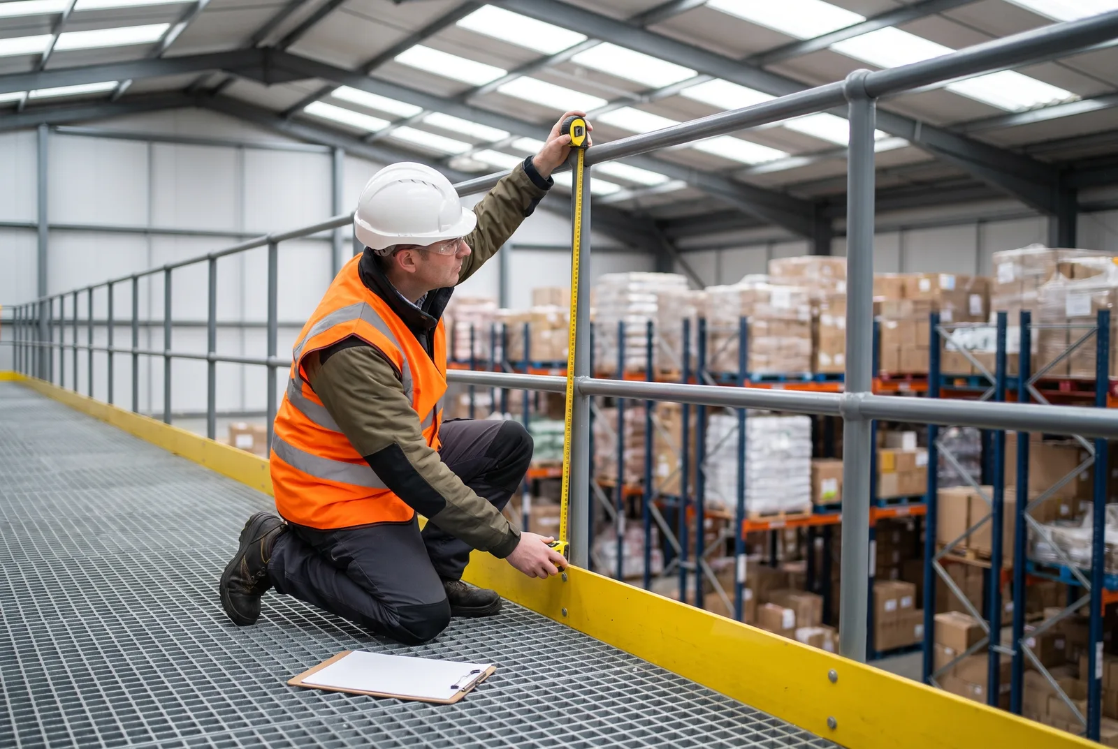 Safety inspector kneeling on a mezzanine bar-grating deck, running a tape measure vertically up the perimeter guardrail from the yellow kick plate toward the top rail