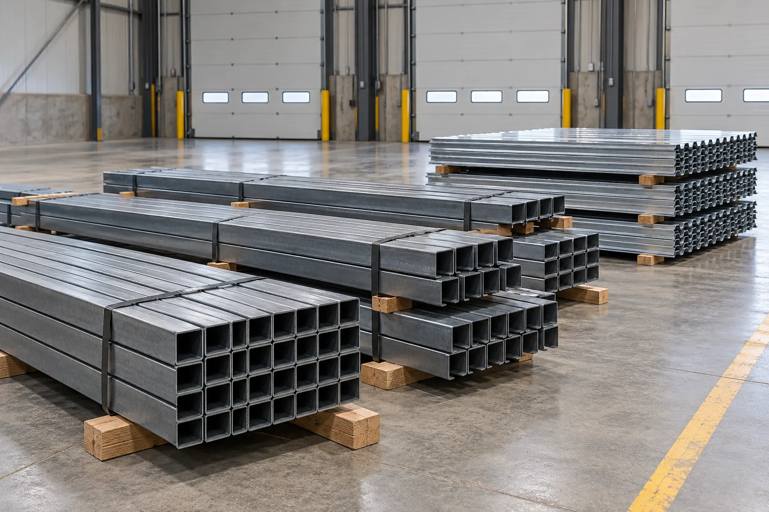 AI-generated concept illustration of banded steel members and decking panels staged on timber supports beside a clear aisle