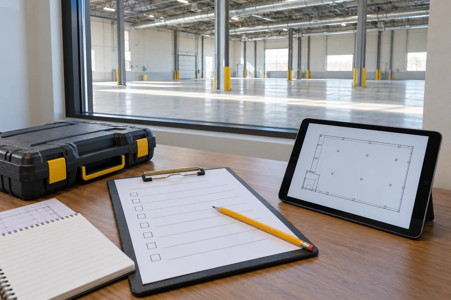 AI-generated concept illustration of a blank readiness checklist and an unlettered warehouse plan beside a closed tool case