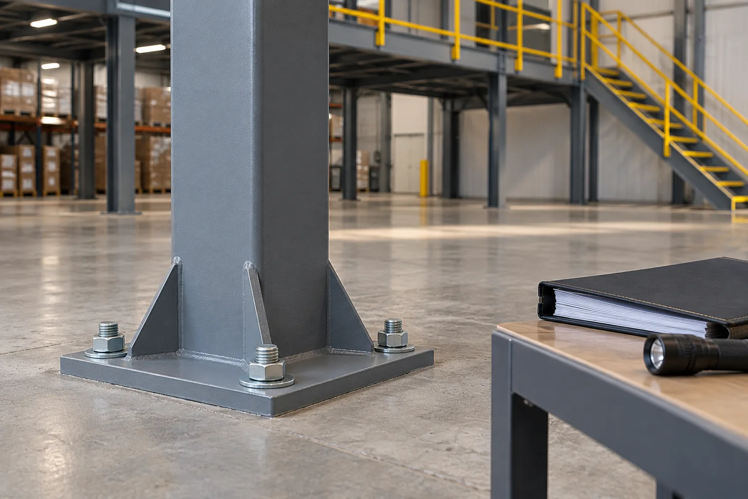 AI-generated concept illustration of an intact steel column base beside a table holding a maintenance folder and flashlight