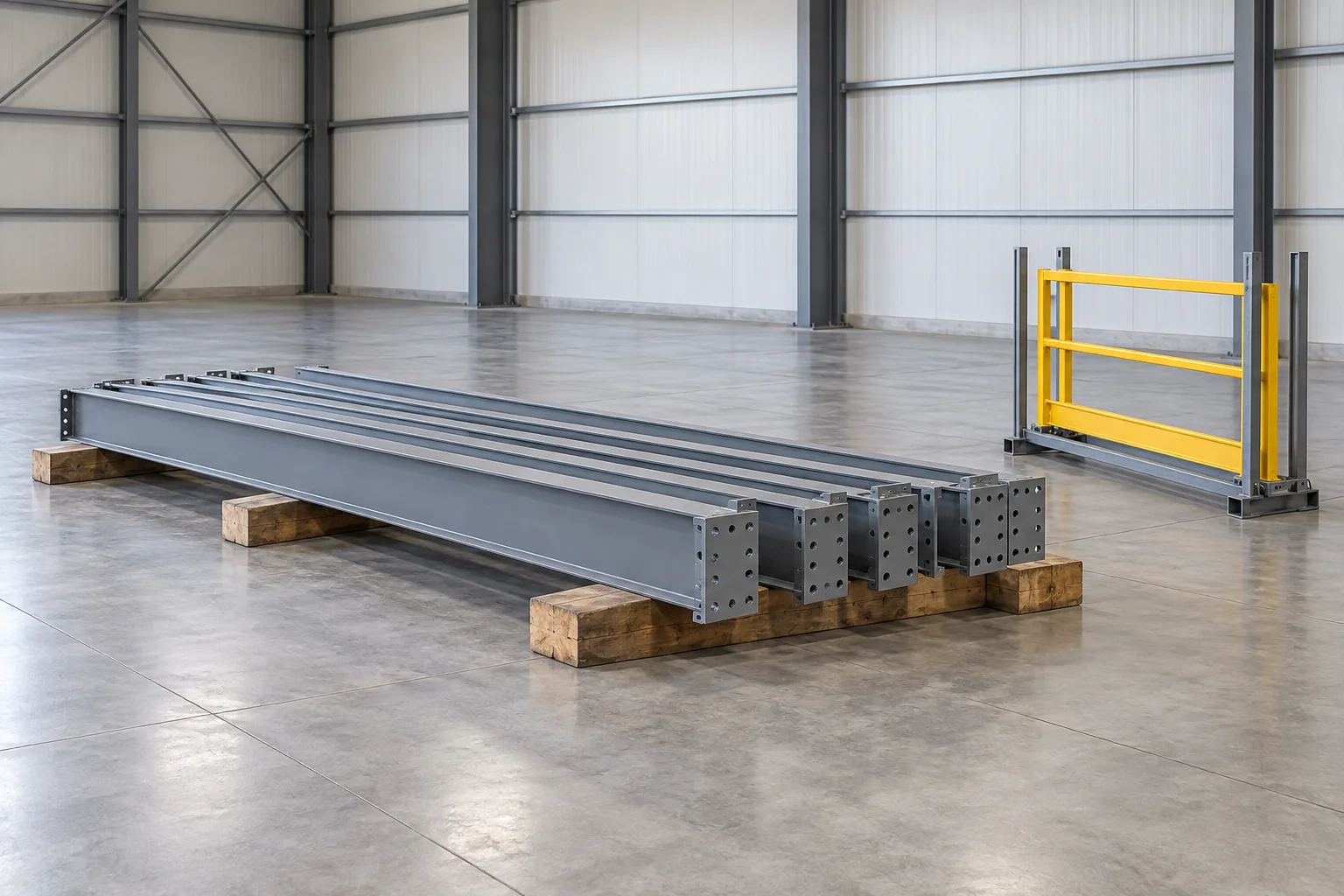 AI-generated concept illustration of steel beams on low timber supports with a separate yellow guardrail panel in a storage rack