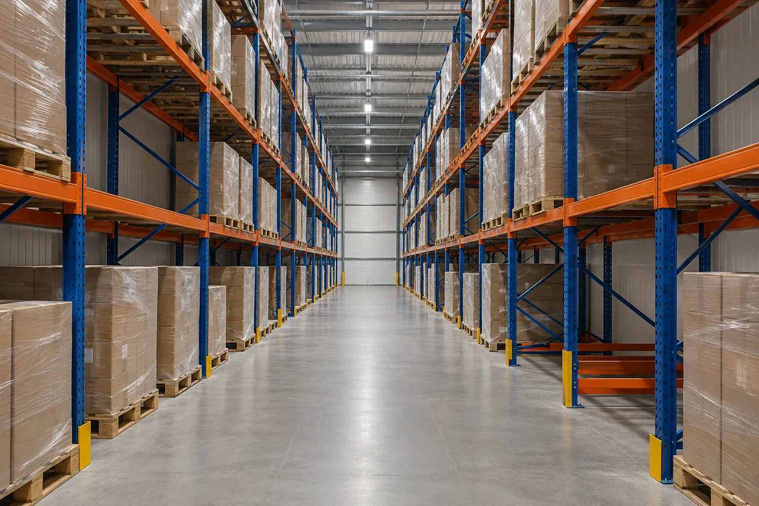 AI-generated concept illustration of a selective pallet-rack aisle with loaded and empty storage positions