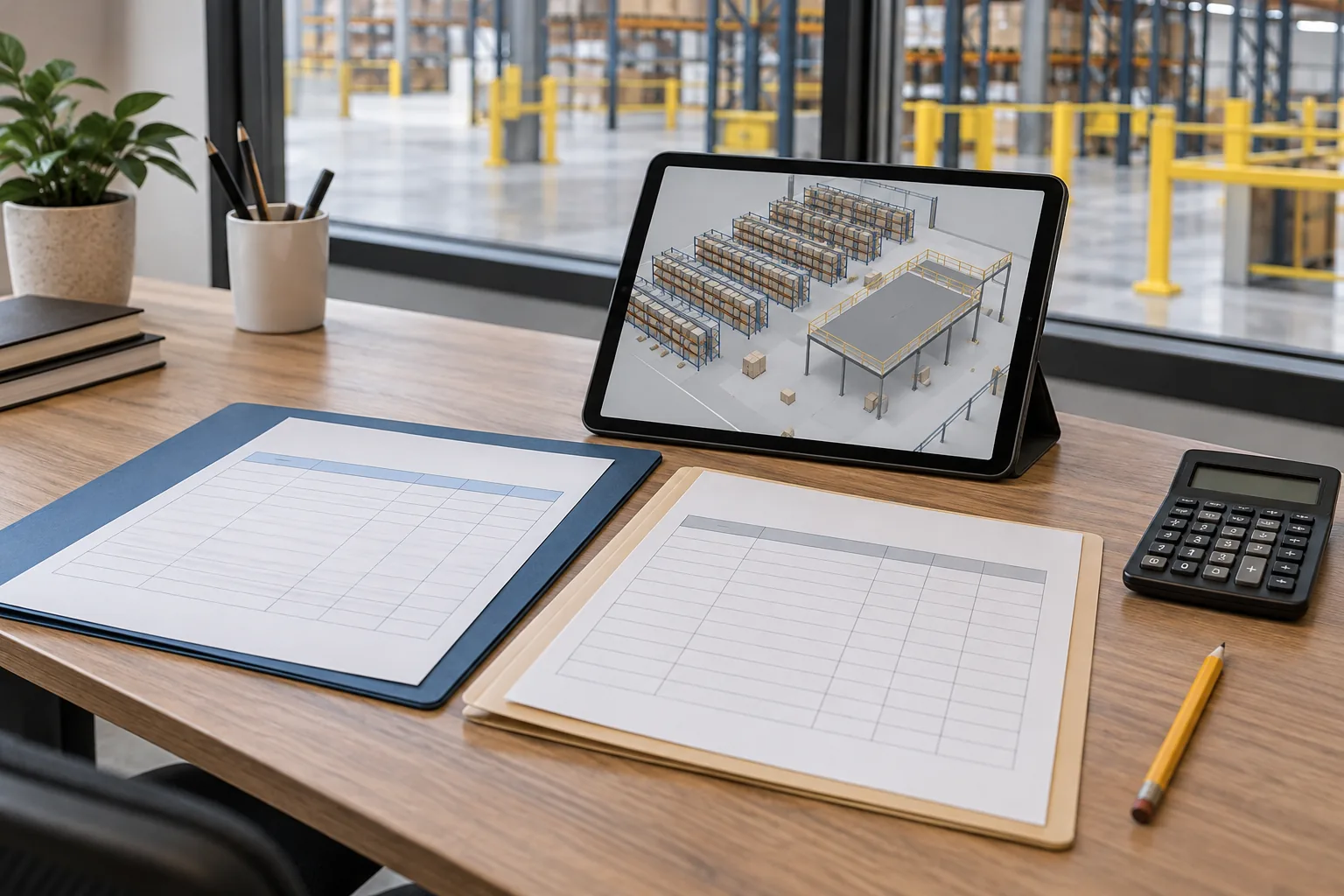 AI-generated concept illustration of blank comparison sheets, a calculator and a tablet showing warehouse layout alternatives