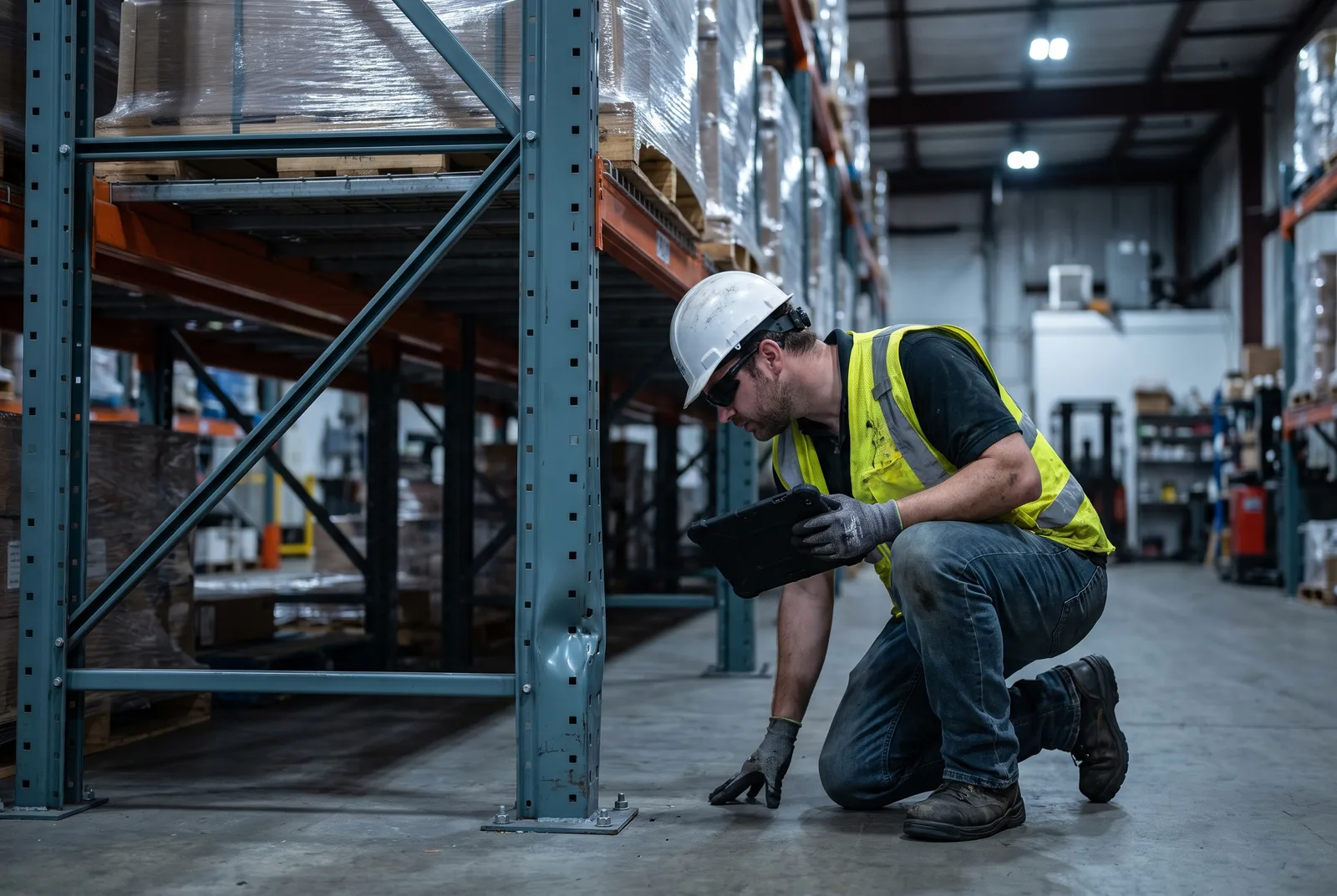 Safety inspector in a high-visibility vest and white hard hat kneeling in a warehouse aisle, holding a rugged tablet and examining the anchored base plate and lower column of a pallet rack upright