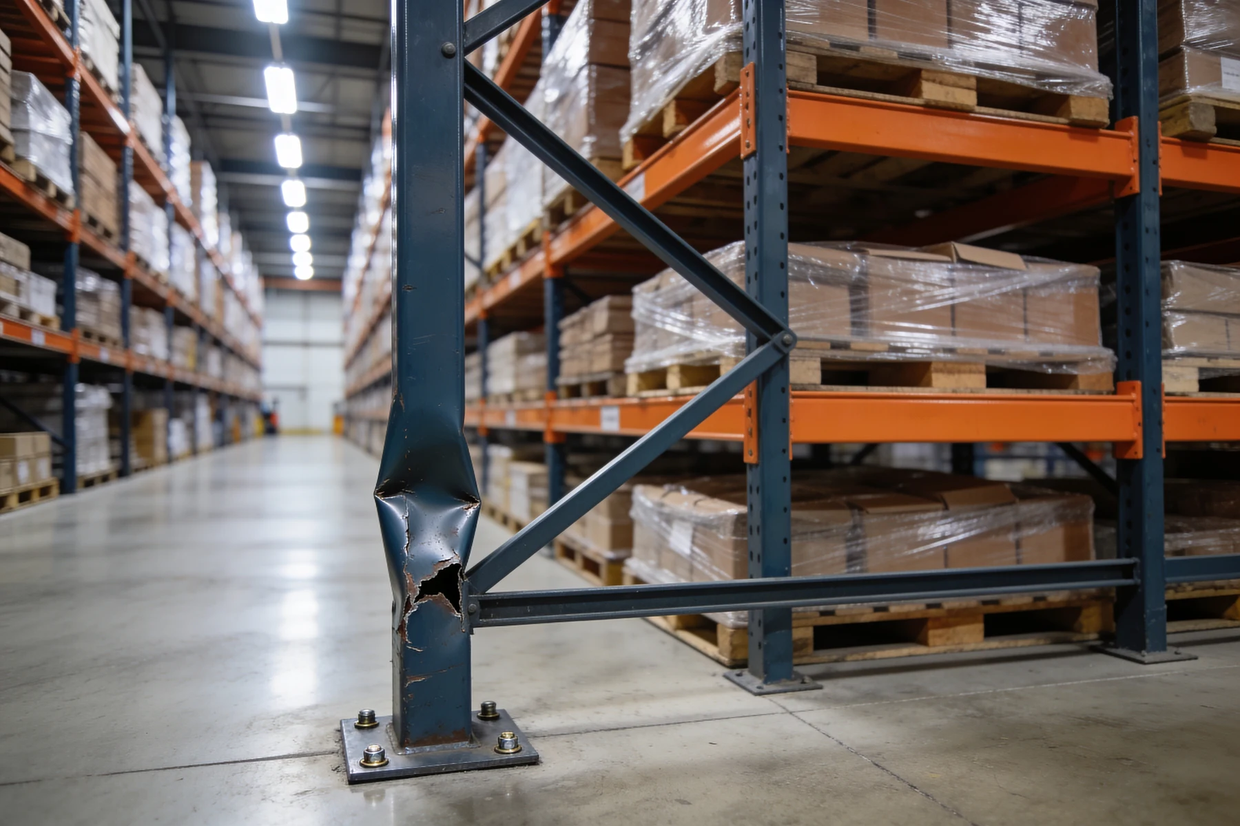 Close-up of a badly damaged pallet rack upright in a warehouse aisle: the blue-grey column is buckled and split open at knee height above its anchored base plate, with loaded pallets on orange beams above it