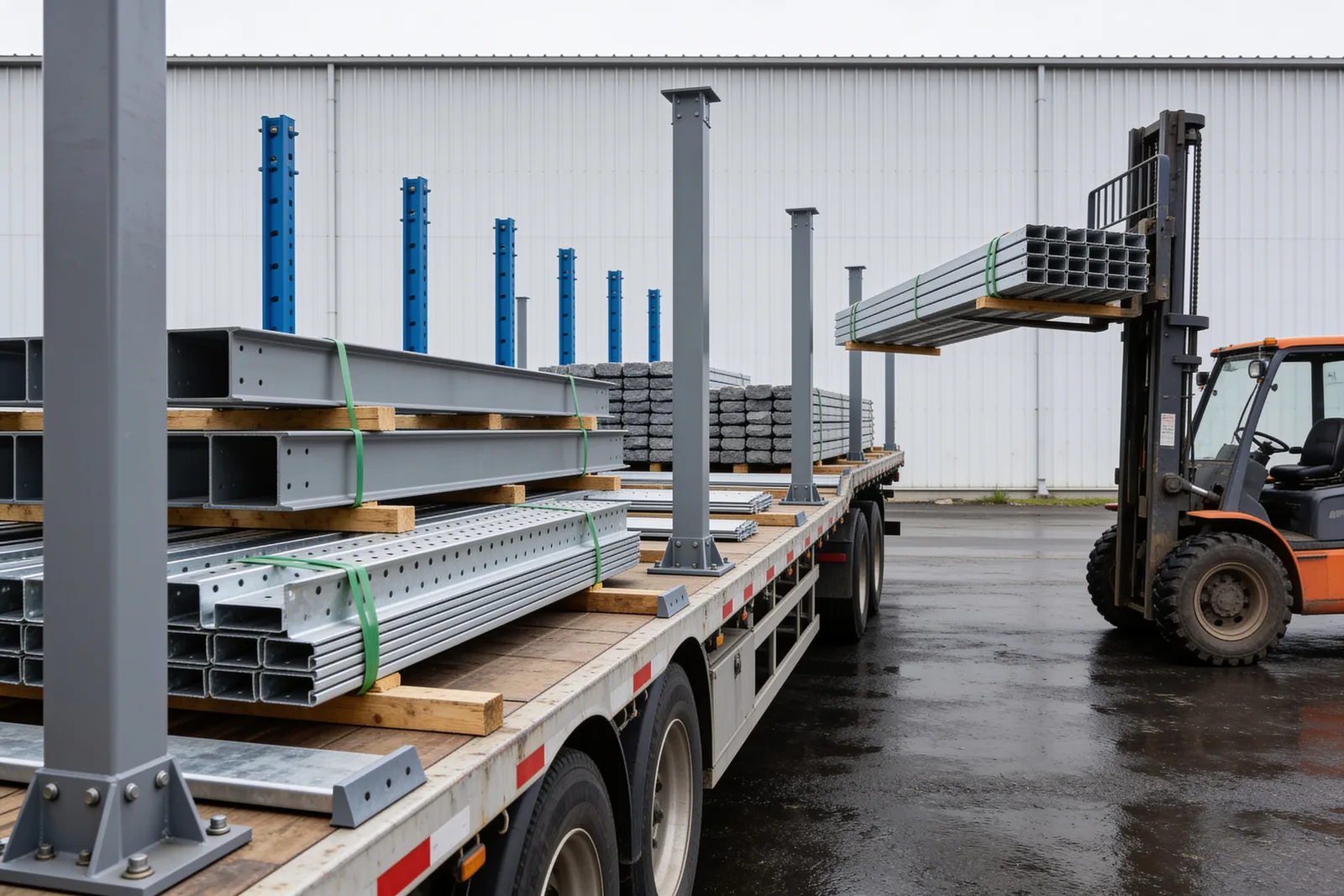 Flatbed trailer loaded with bare prefabricated mezzanine steel — banded bundles of C-section beams and heavier I-beams on timber dunnage, flat stacks of galvanized stair treads, and blue columns standing upright — as a rough-terrain forklift lifts a strapped bundle of square tube clear of the deck