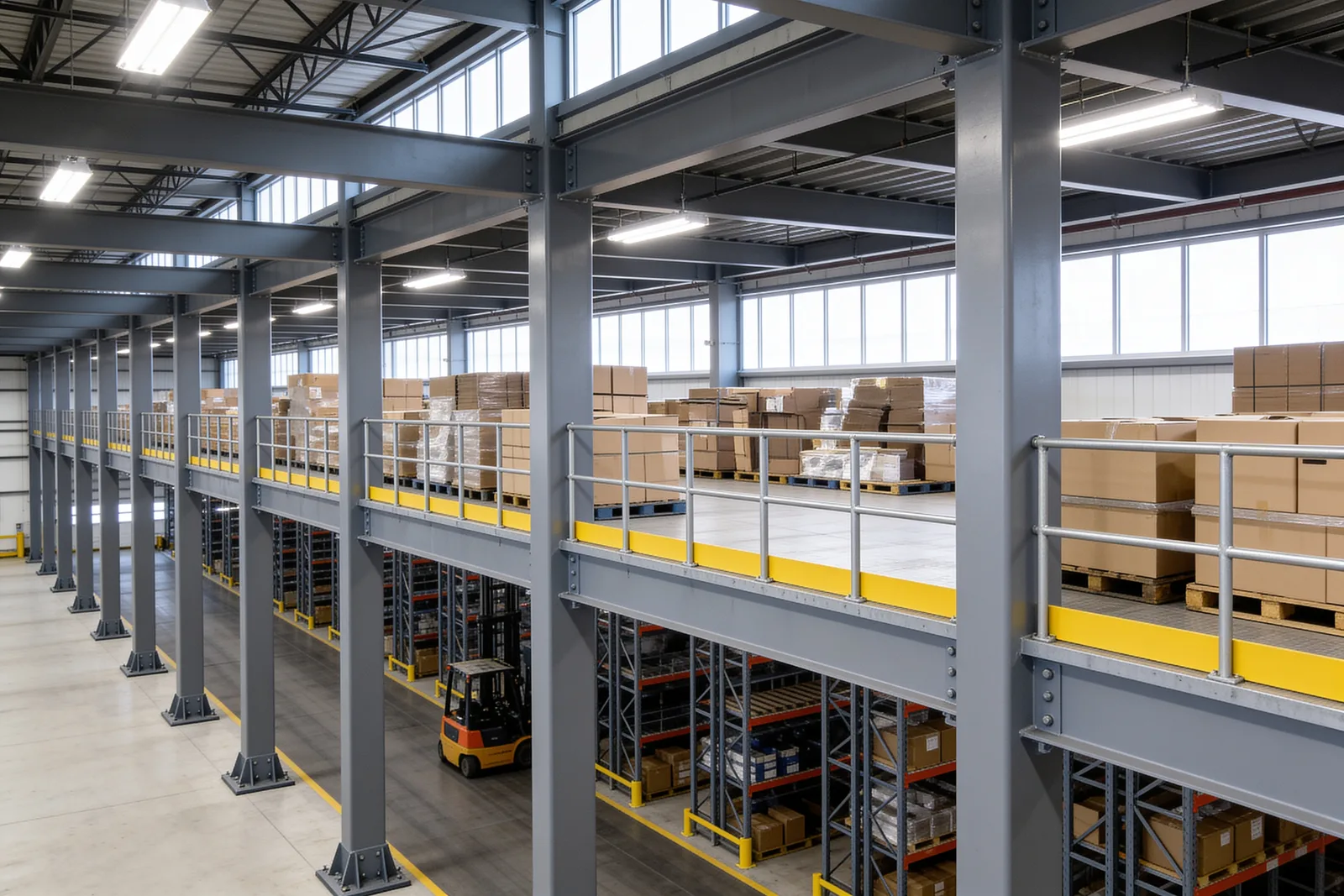 Long low view down a line of identical grey steel mezzanine columns on bolted base plates supporting a storage deck, with a grey tubular guardrail and safety-yellow kick plate along the edge, cartons on pallets above and a forklift working the aisle below