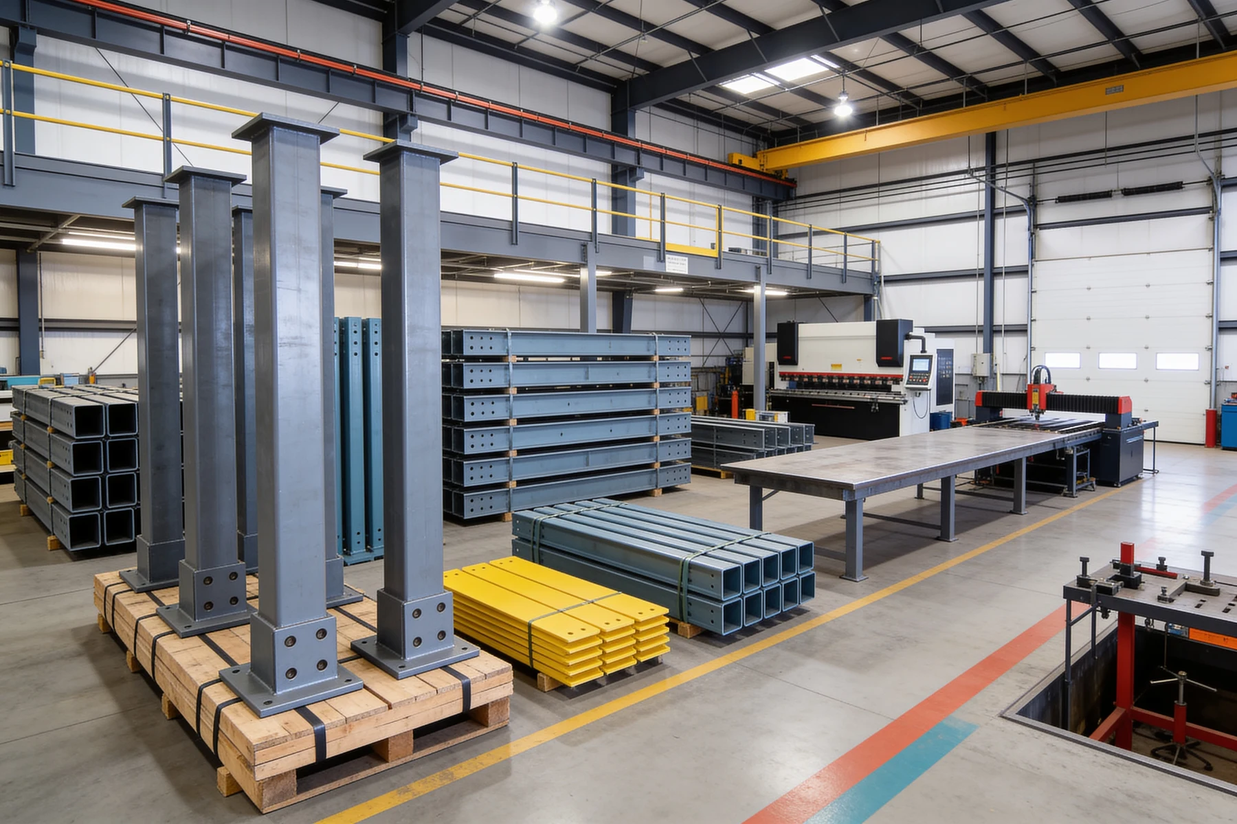Steel fabrication shop with prefabricated mezzanine components staged for shipping: grey square tube columns with welded base plates standing on strapped skids, racks of pre-punched C-section beams, flat stacks of safety-yellow kick plates, and a press brake and CNC cutting table behind